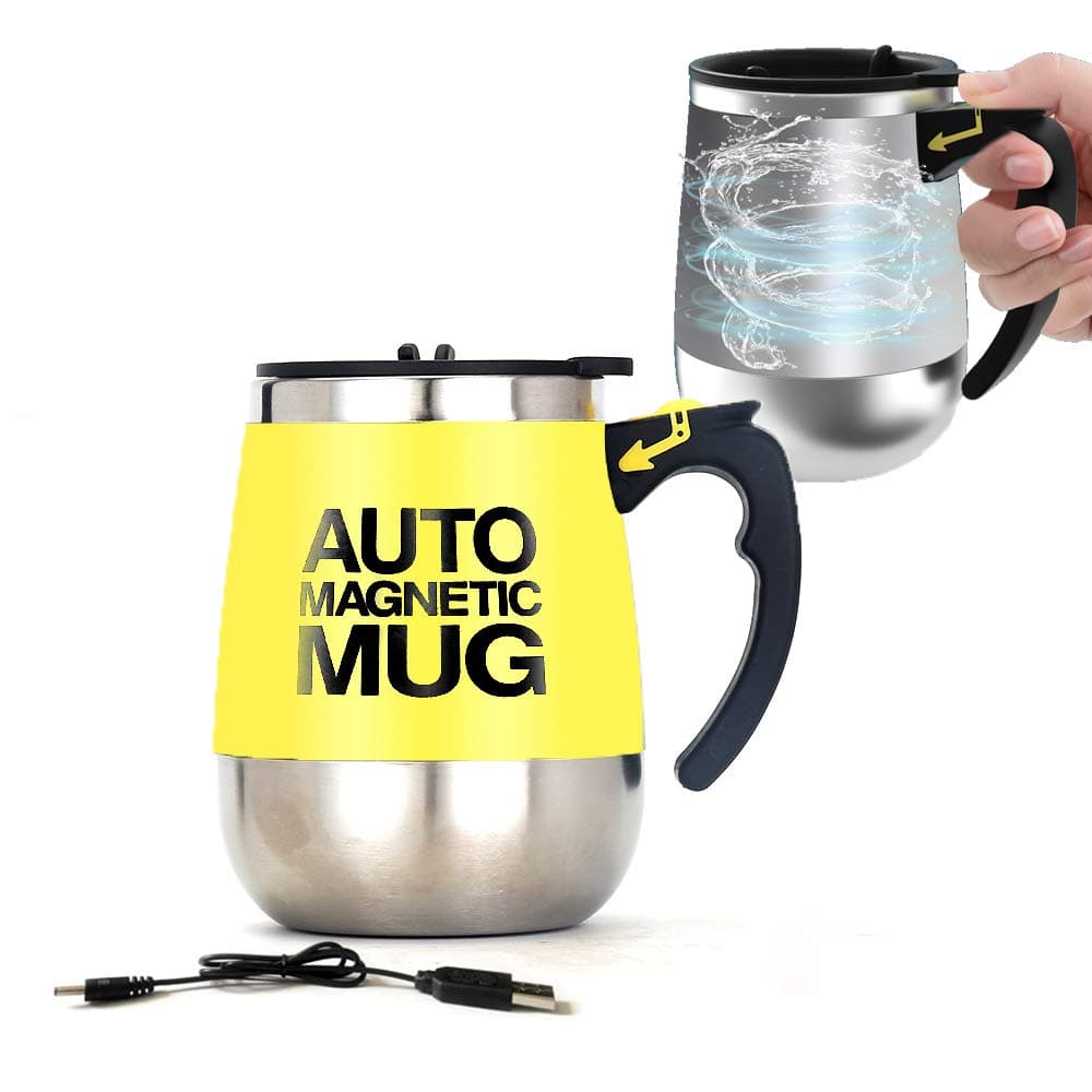 Nother CuteInnovation Rechargeable Self Stirring Mug - Magnetic Electric Auto Mixing Stainless Steel Cup for Office/Kitchen/Travel/Home Coffee/Tea/Hot Chocolate/Milk-400 ml/13.5 oz (Yellow)