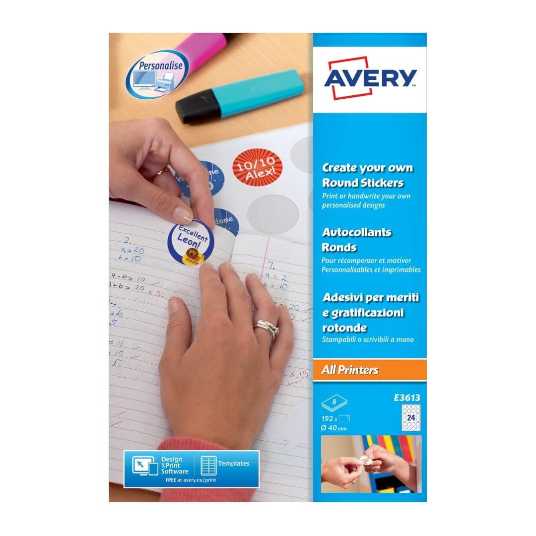 Avery E3613 Printable Round Labels | 24 White Labels Per A4 Sheet (40mm) | Customisable Stickers for Reward Charts, School, Crafts, Organisation & Office Use