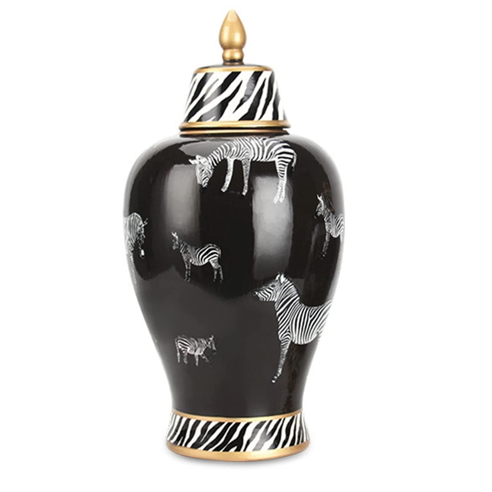 ROBMET Black Ceramic Ginger Jar with Lid，Decorative Jar wth Zebra Pattern，Temple Jar Vase for Home Decor Table Center Piece (Size : Large)