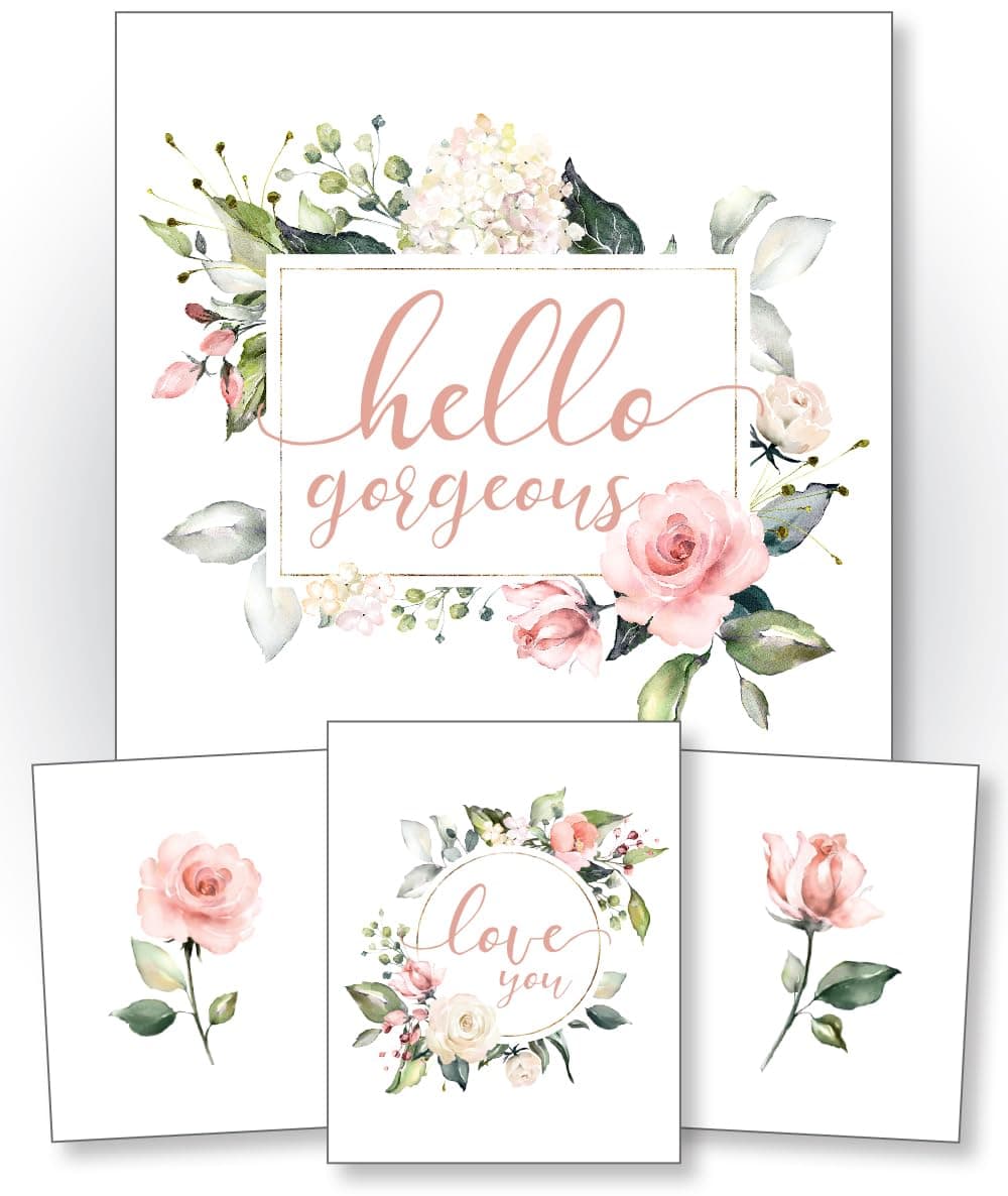 Confetti Fox Pink Nursery Wall Art Decor, Baby Girl Flowers Floral Inspirational Quotes Hello Gorgeous Love, Roses Botanical Watercolor Affirmations (8x10 Unframed Set of 4 Prints)