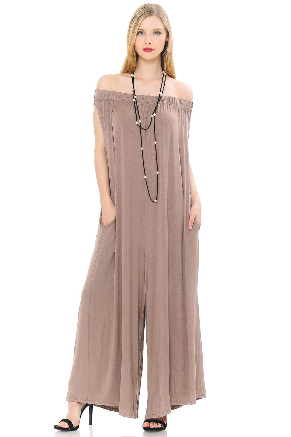 iconic luxe Women's Oversized Off-Shoulder Jumpsuit with Pockets Large Mocha
