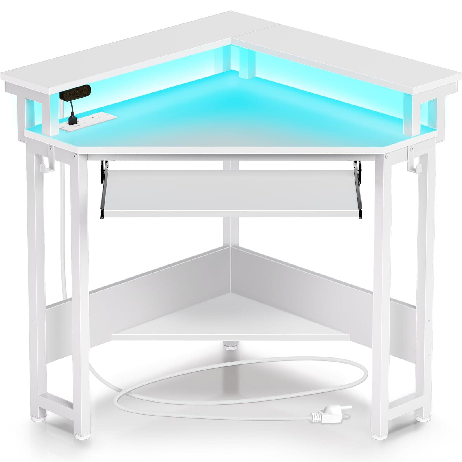 Rolanstar Triangle Corner Desk, 44.5"W x 31.5"D x 34.5"H, White, Modern Style, Perfect for Small Spaces, Gaming & Writing, Includes Keyboard Tray, Monitor Stand & Power Outlets with LED Lights
