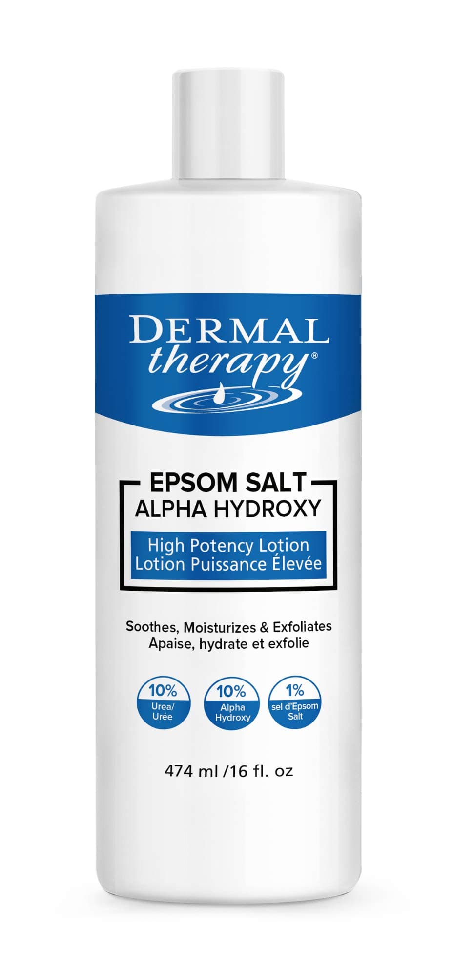 Dermal Therapy Epsom Salt Alpha Hydroxy High Potency Lotion – Moisturizing, Exfoliating and Soothing Treatment for Scaly, Flaky, Dry Skin | Epsom Salt, 10% Urea and 10% Lactic Acid | 16 fl.oz