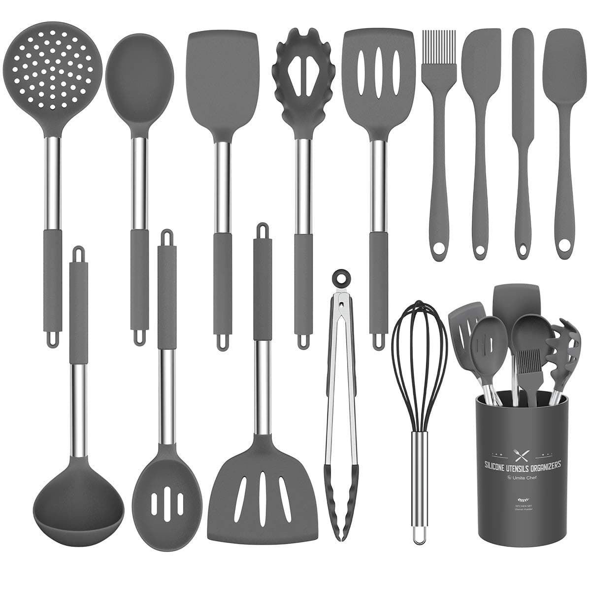 Umite Chef Kitchen Utensils Set 15 Pieces Silicone Heat Resistant Non-Stick BPA Free Stainless Steel Handle Spatula Spoon Tongs Whisk Cookware