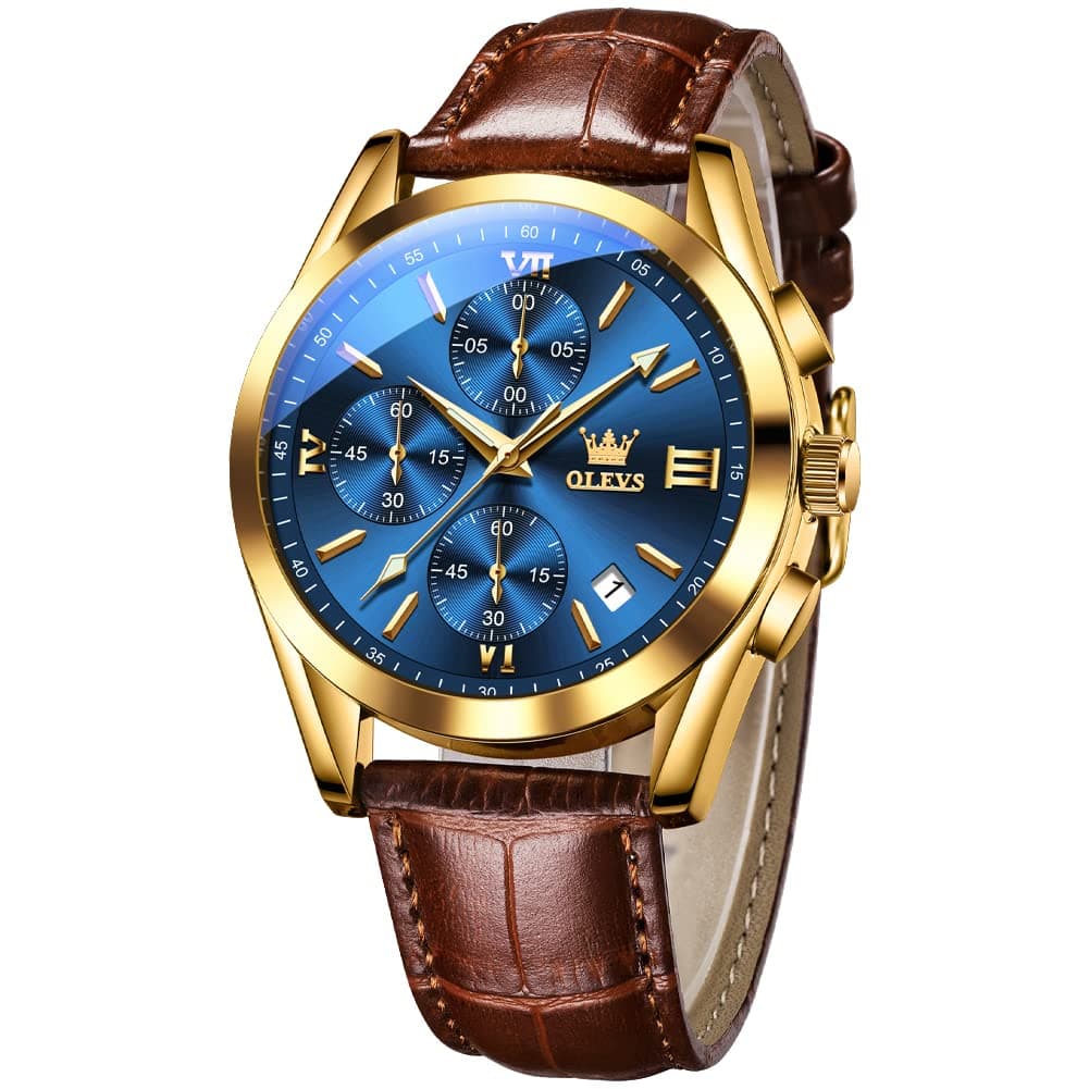 Mens Watches Dress Brown Leather Strap UK Waterproof Sport Military Multifunction Chronograph Analog Quartz Wrist Watches Gent Luminous Fashion Calendar