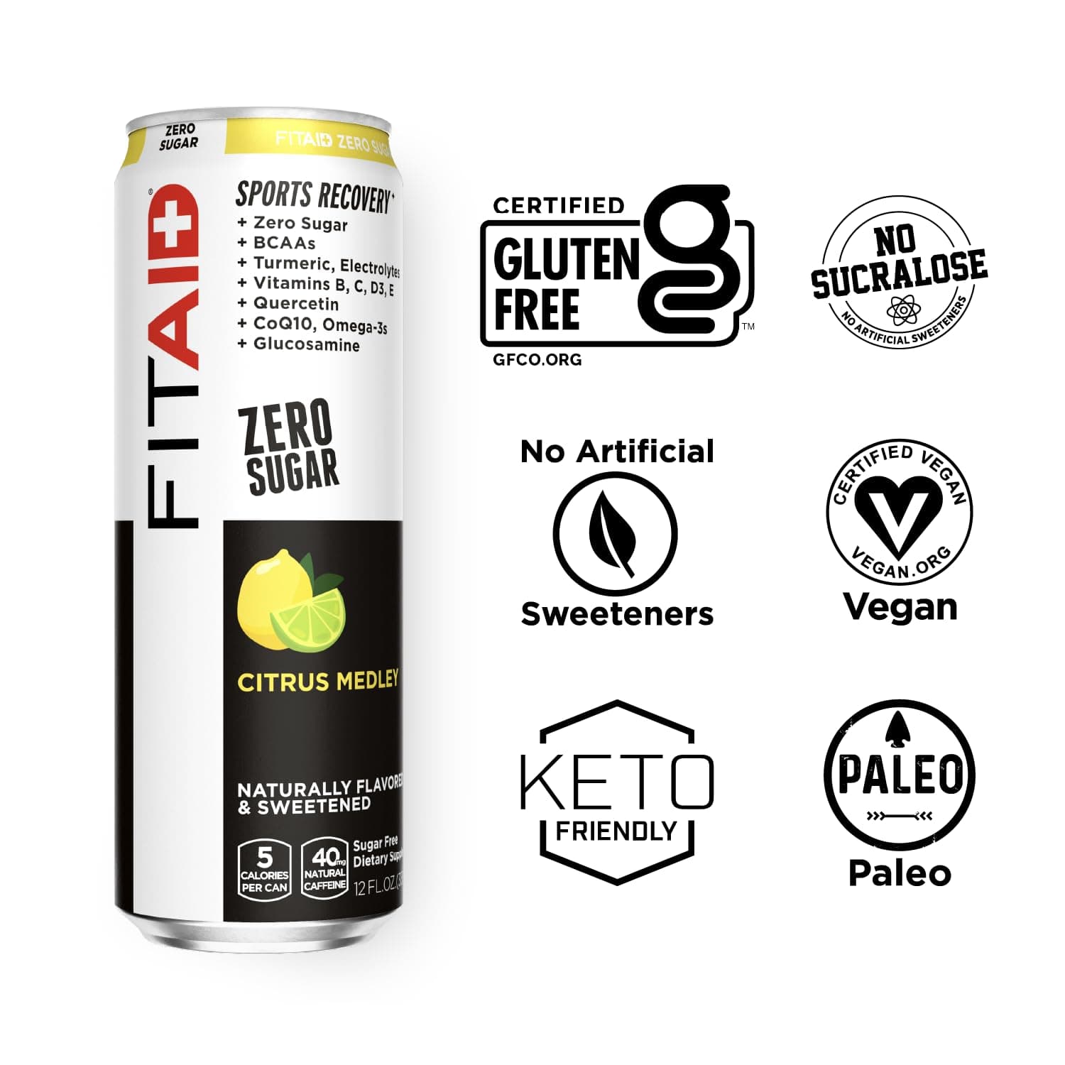 FITAID ZERO, Keto-Friendly, Number 1 Post-Workout Recovery Drink, Contains Zero Sugar, BCAAs, Glucosamine, Green Tea, 5 Calories, 12 Fl Oz (Pack of 4)