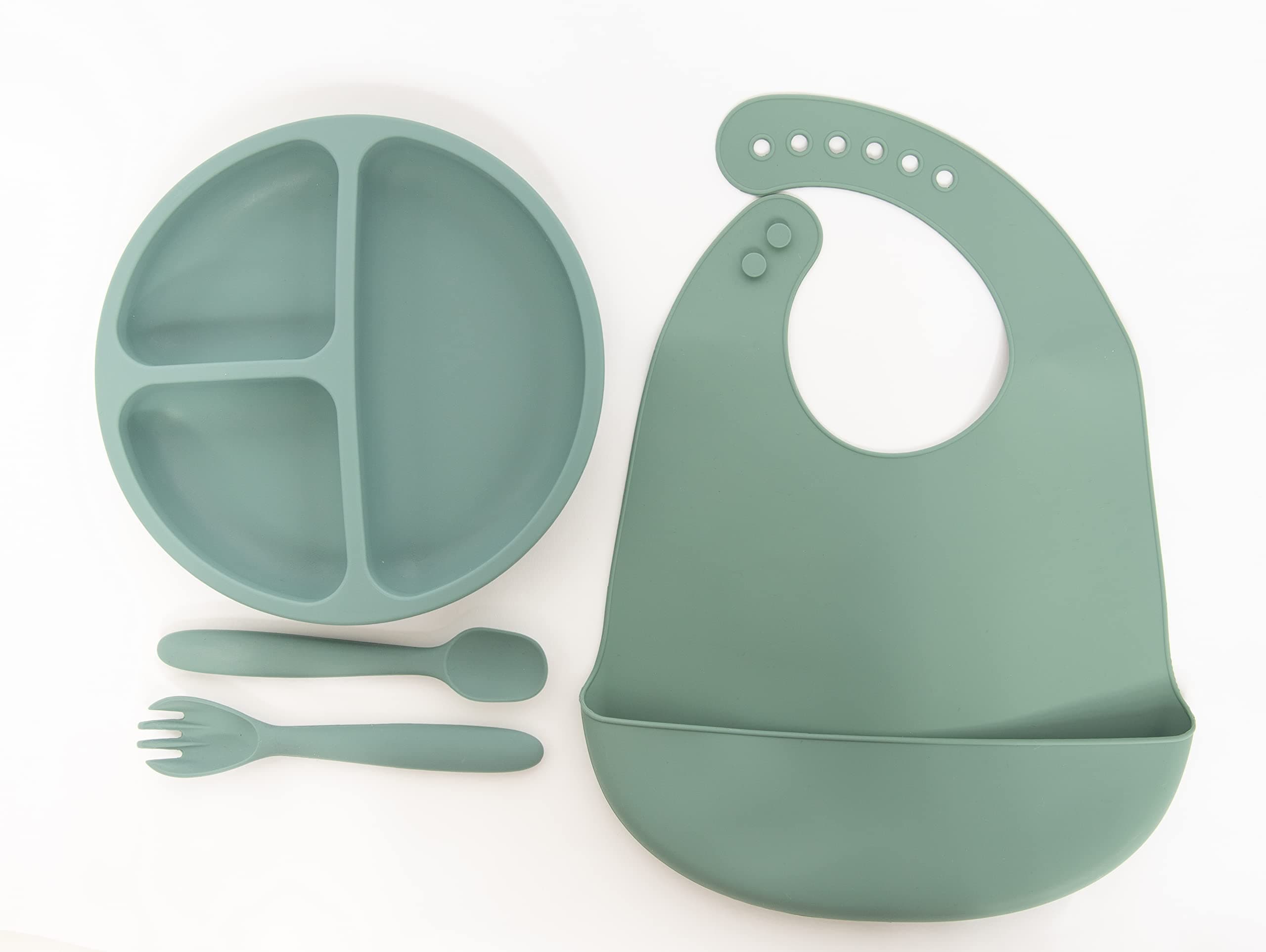 Lila & Jack's Baby Feeding Set, BPA Free, Food Grade Silicone Dinner Plate and Cutlery Set, Learn to Eat on Your Own, Set Includes Spork, Spoon, Bib and Plate (Green), (AT1747)