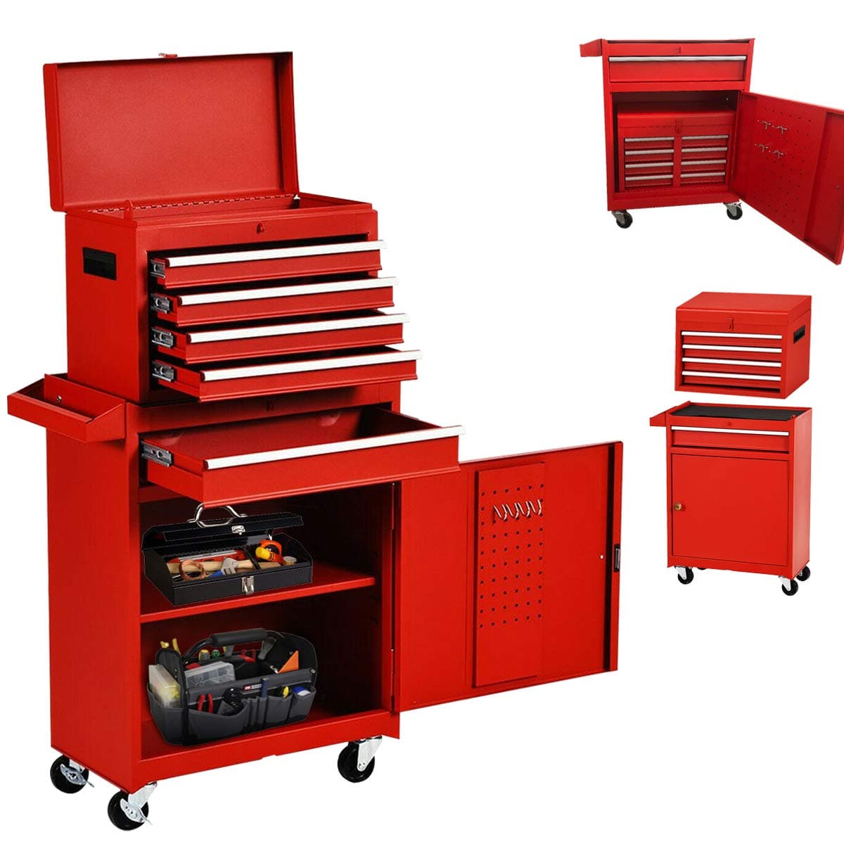 5-Drawer Rolling Tool Box, Lockable Tool Box with Wheels and Drawers, Detachable Tool Chests & Cabinets with Workbench, Removable Tool Storage Cabinet for Garage Workshop (Red)