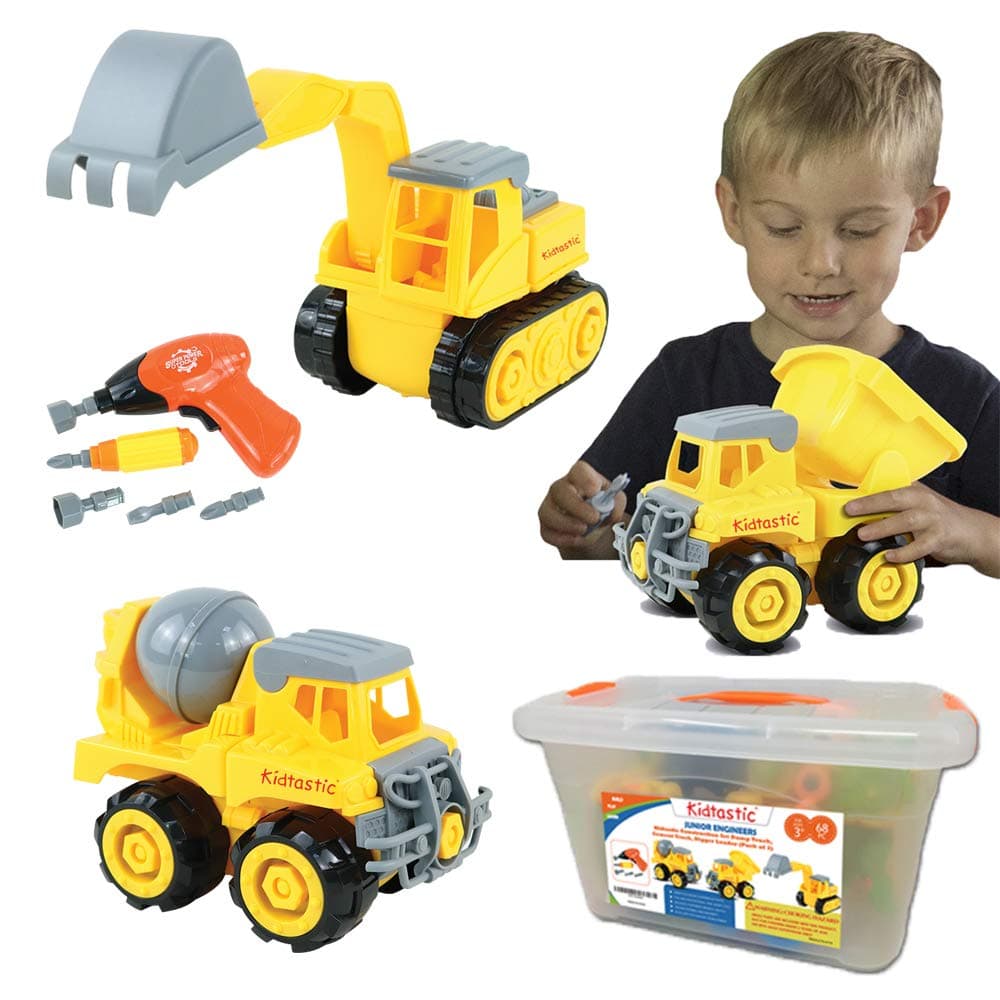 3 Pack Construction Vehicles Trucks Toys Set, Take Apart STEM Learning Toy with Excavator, Dump Truck, Bulldozer, Tools and Drill Fun Educational Toy for Toddler, Girls and Boys