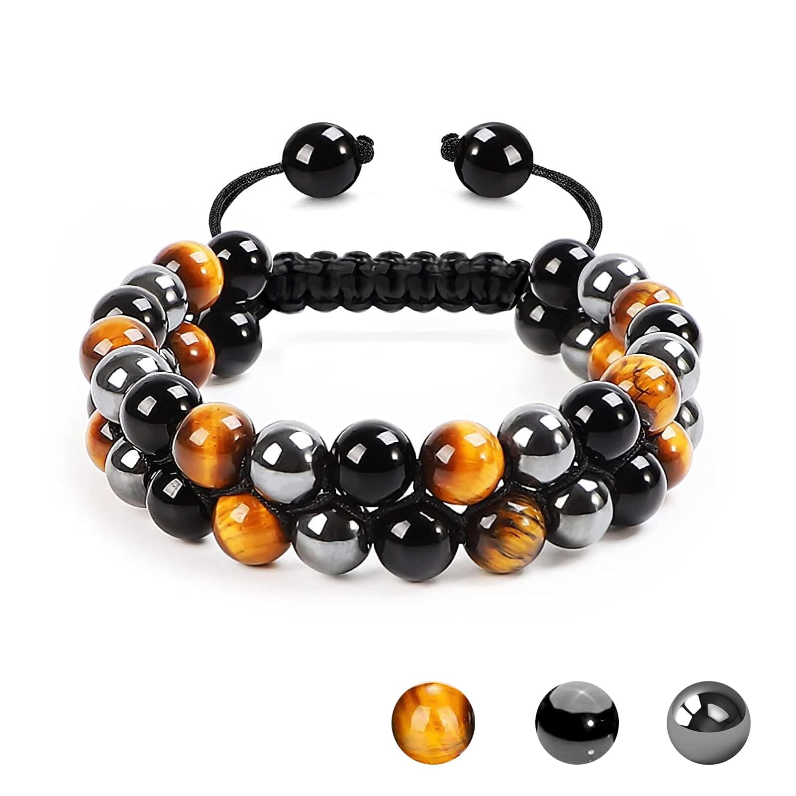 Tiger Eye Bracelet, MIDON Triple Protection Bracelet for Men Women, Handmade Tiger Eye Beads Hematite and Black Obsidian Natural Stone Healing Energy Crystal Bracelets