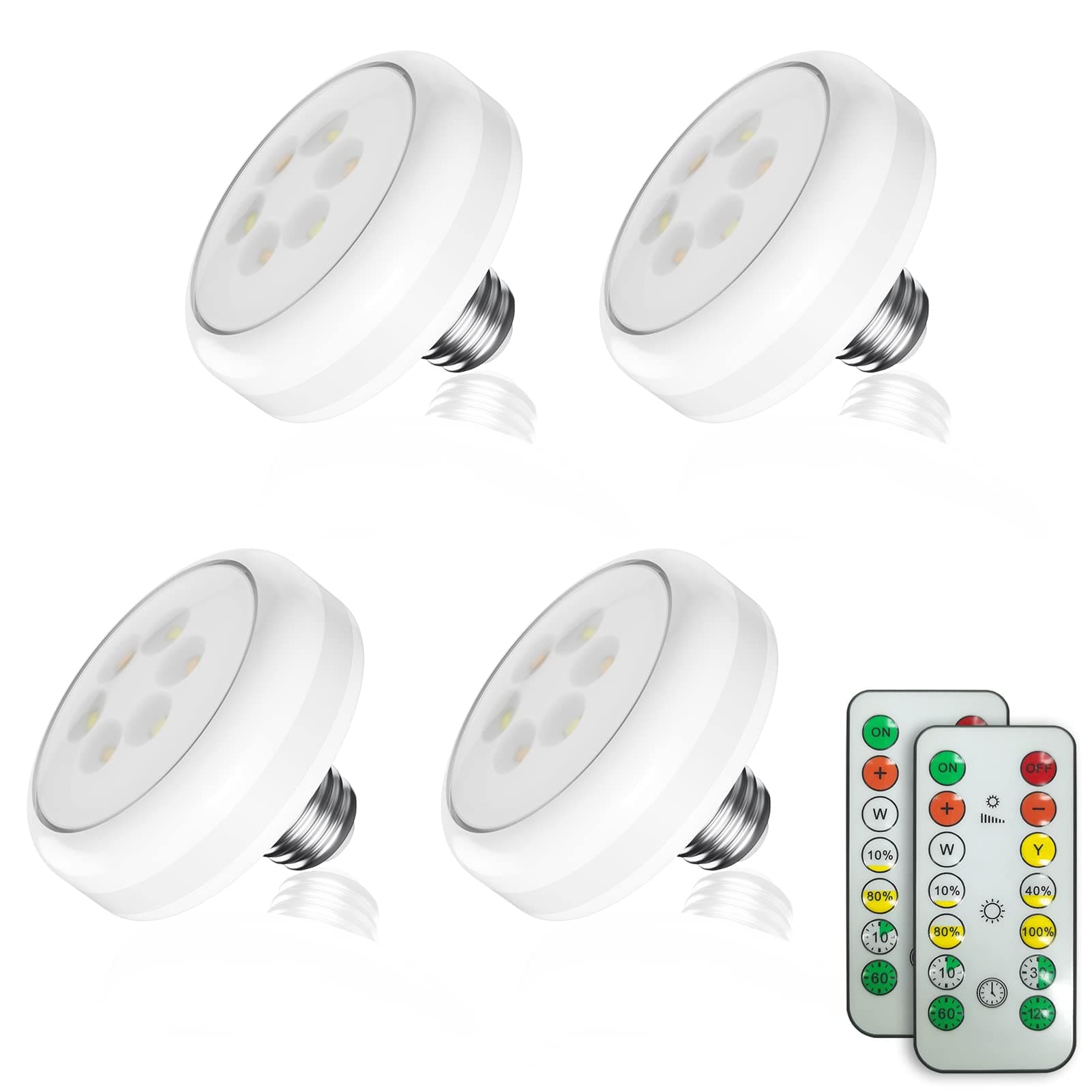 4 Pack AA Battery Powered Light Bulb,AA Battery Operated LED Puck Light with Remote Control,E26 Screw Wireless Dimmable Light Bulbs for Wall Sconces Lamp Non Electric Light Fixtures Home