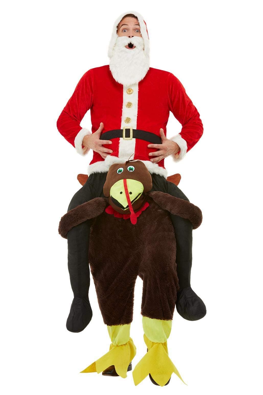 Smiffys Piggyback Turkey Costume, Red One Piece Suit with Mock Legs, Christmas Adult Fancy Dress, Xmas Dress Up Costumes