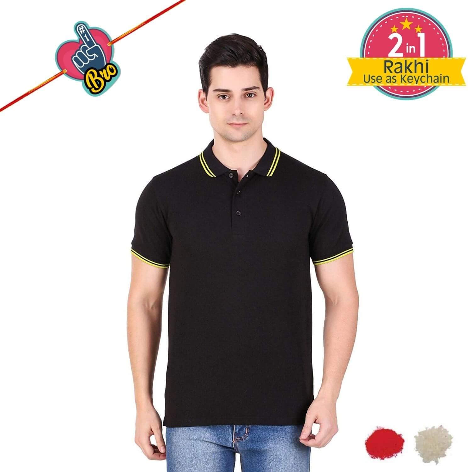 YaYa cafe Rakhi Gifts for Brother, Men's Cotton Half Sleeve Tipped Collar Polo T-Shirt Plain Solid with Printed Rakhi, Roli Chawal (No. 1 BRO- 2 in 1 Rakhi)