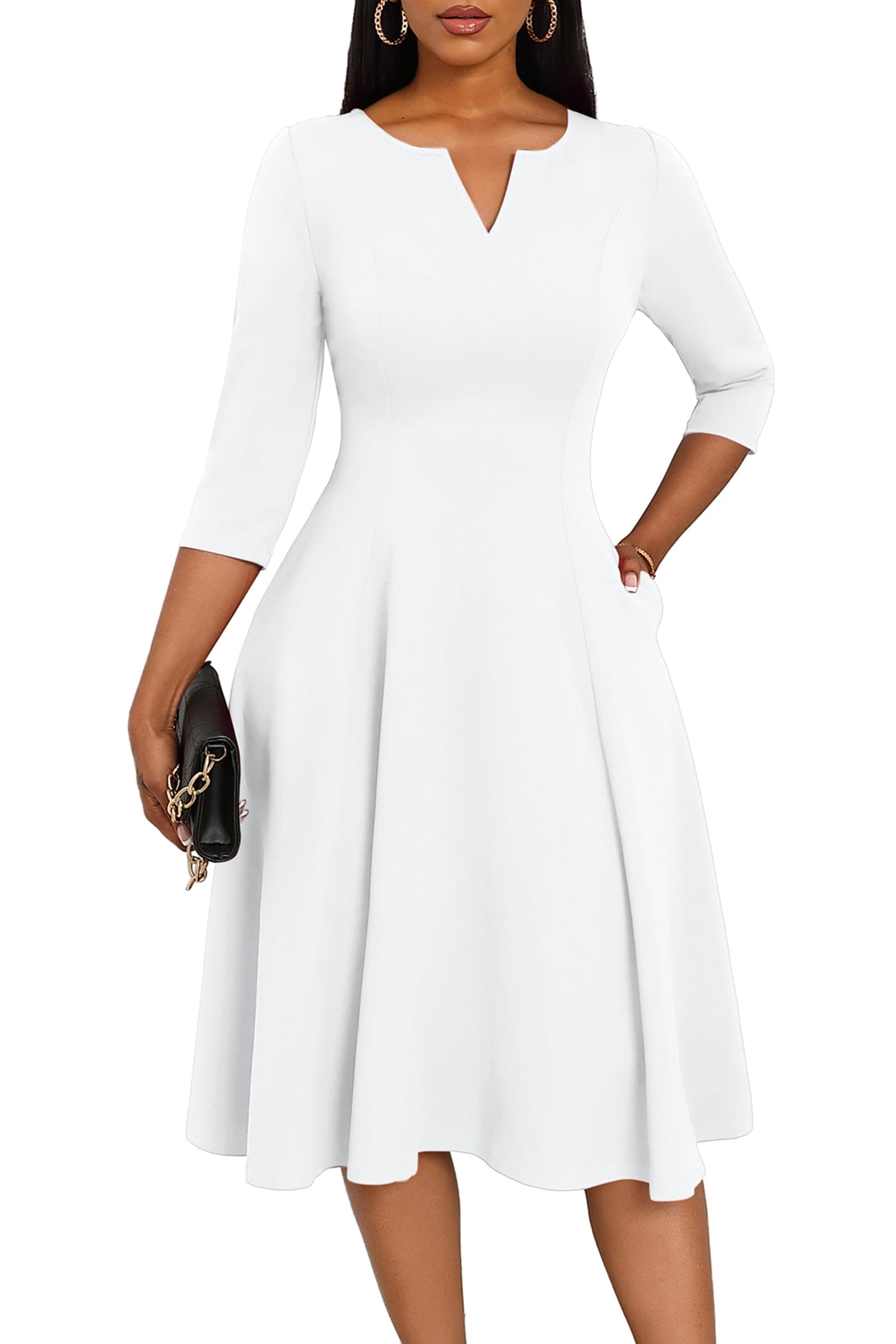 Midi Dresses for Women A-Line Fit and Flare Dress 3/4 Sleeve V Neck Cocktail Wedding Guest Work Dress with Pockets