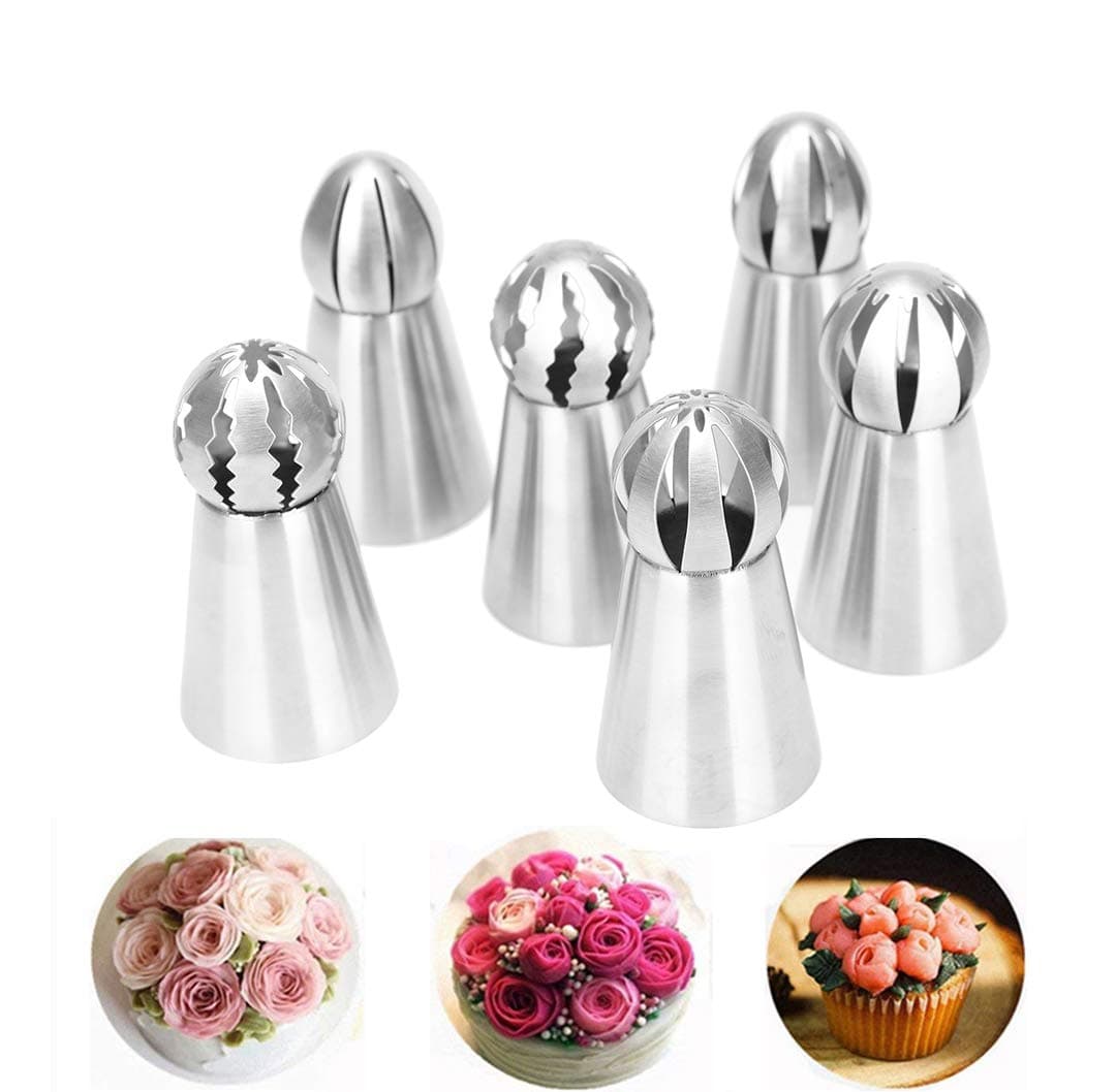 Russian Piping Tips 6 PCS, Youthful Stainless Steel Russian Piping Ball Tips Flower Frosting Icing Piping Nozzles Set Cake Decorating Tips Kit for DIY Baking Cake Decorating Supplies Kit (6 PCS)
