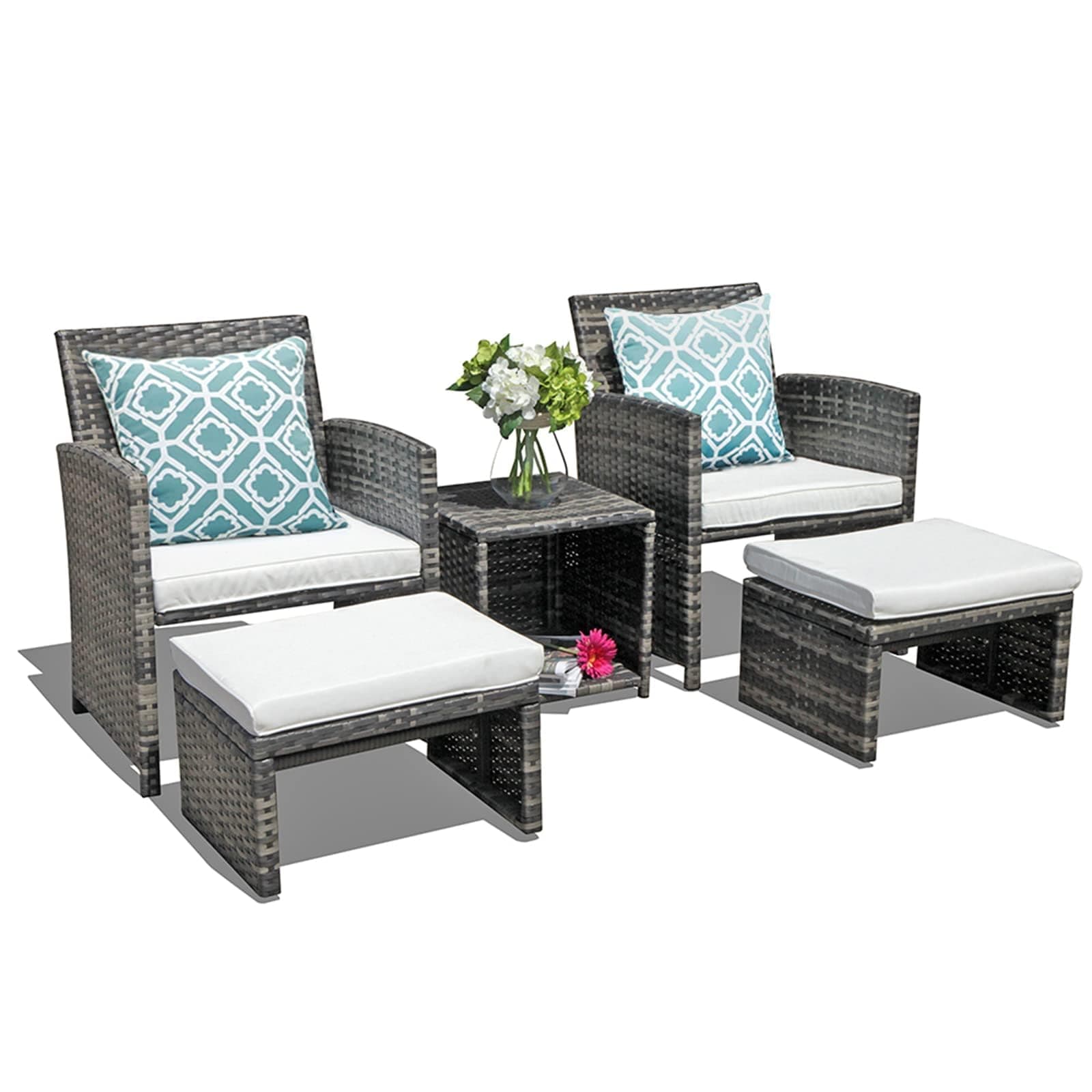 OC Orange-Casual 5 Piece Patio Furniture Set, Wicker Outdoor Conversation Chair and Ottoman Set with Coffee Table, Pillows Included, for Balcony, Porch, Deck, White