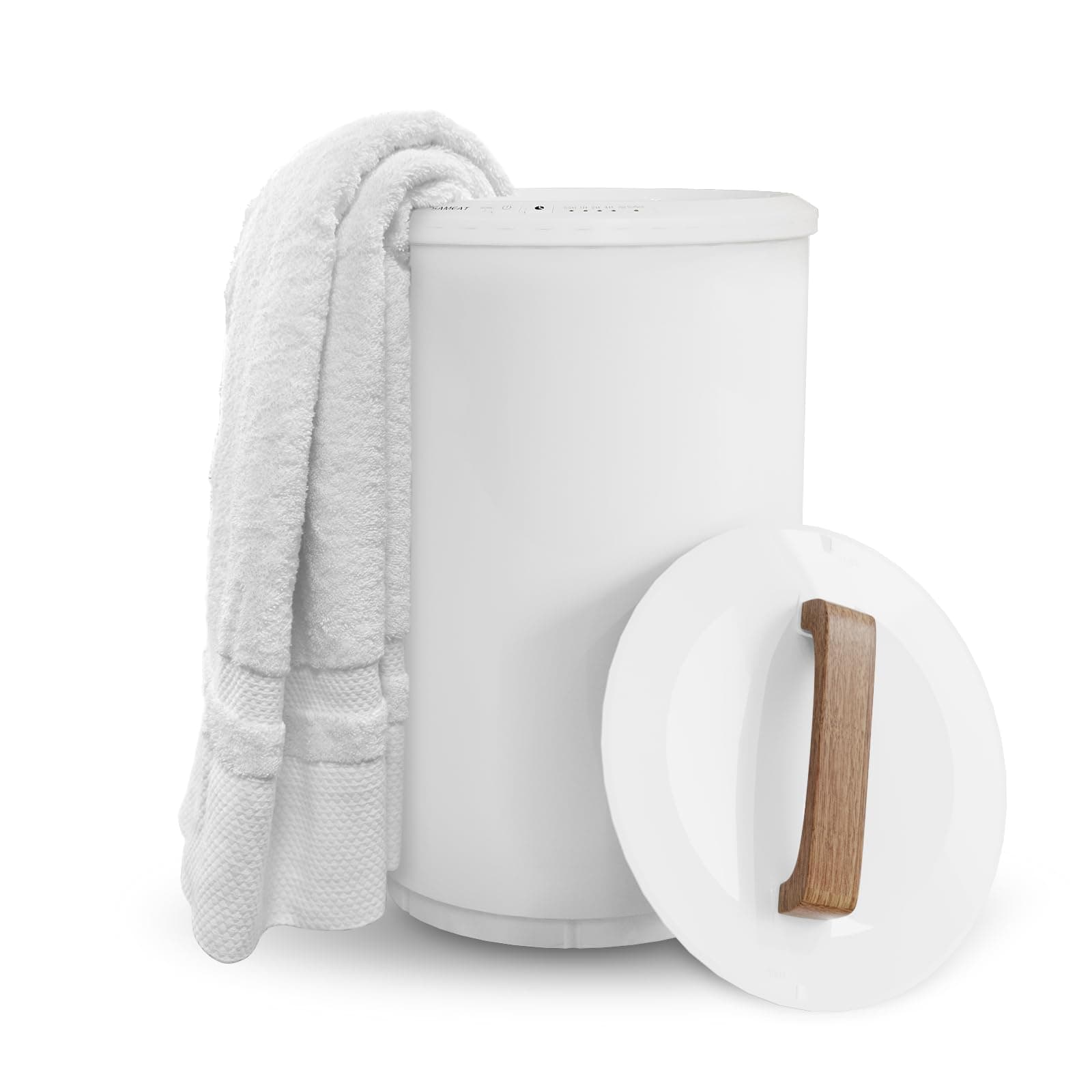 Heated Towel Warmers for Bathroom - Large Towel Warmer Bucket, Wood Handle, Auto Shut Off, Fits Up to Two 40"X70" Oversized Towels, White
