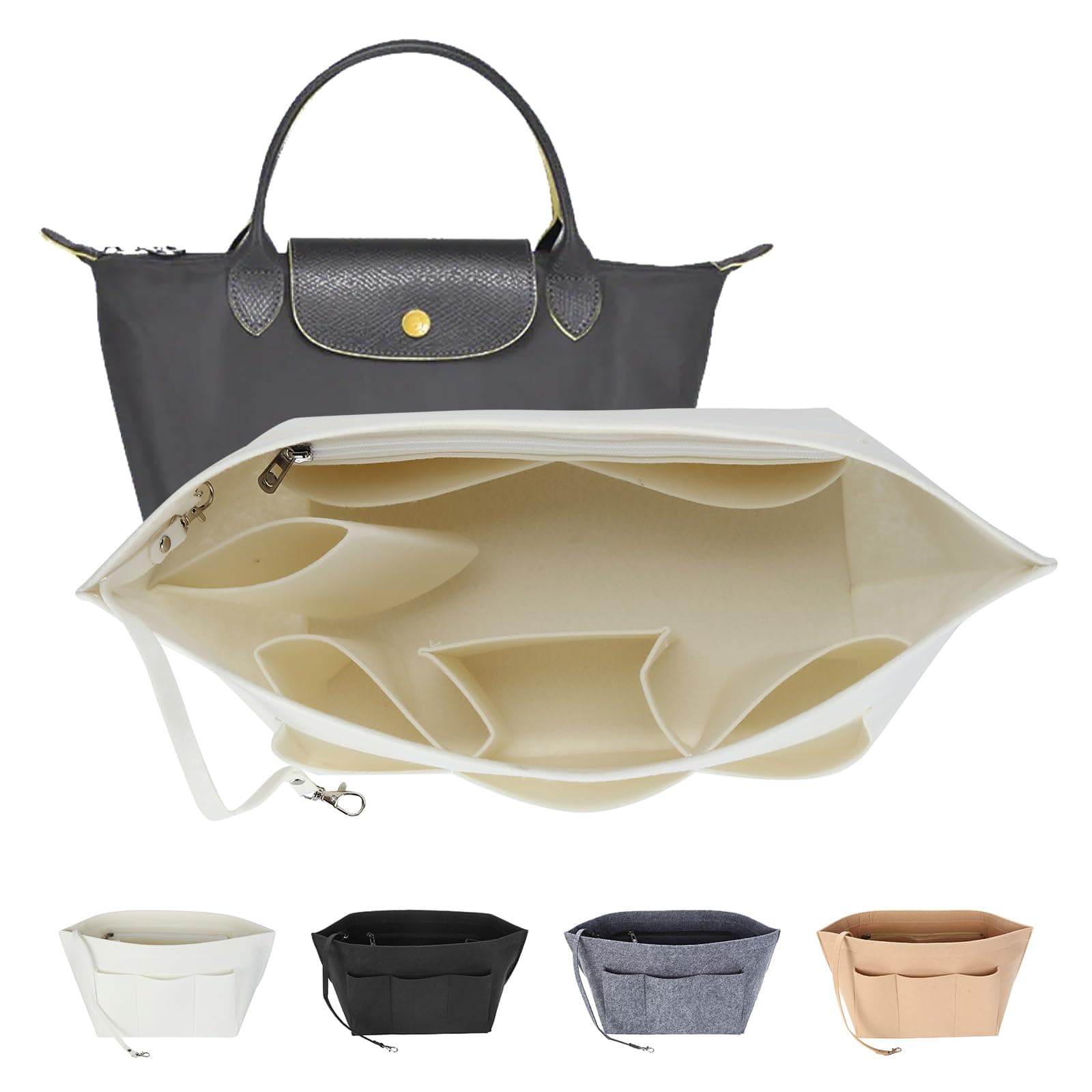 LITLANDSTARHandbag Organiser, Felt Bag Organiser with Multiple Compartments, Handbag Folder Organiser with Key Ring for Women Handbags, White