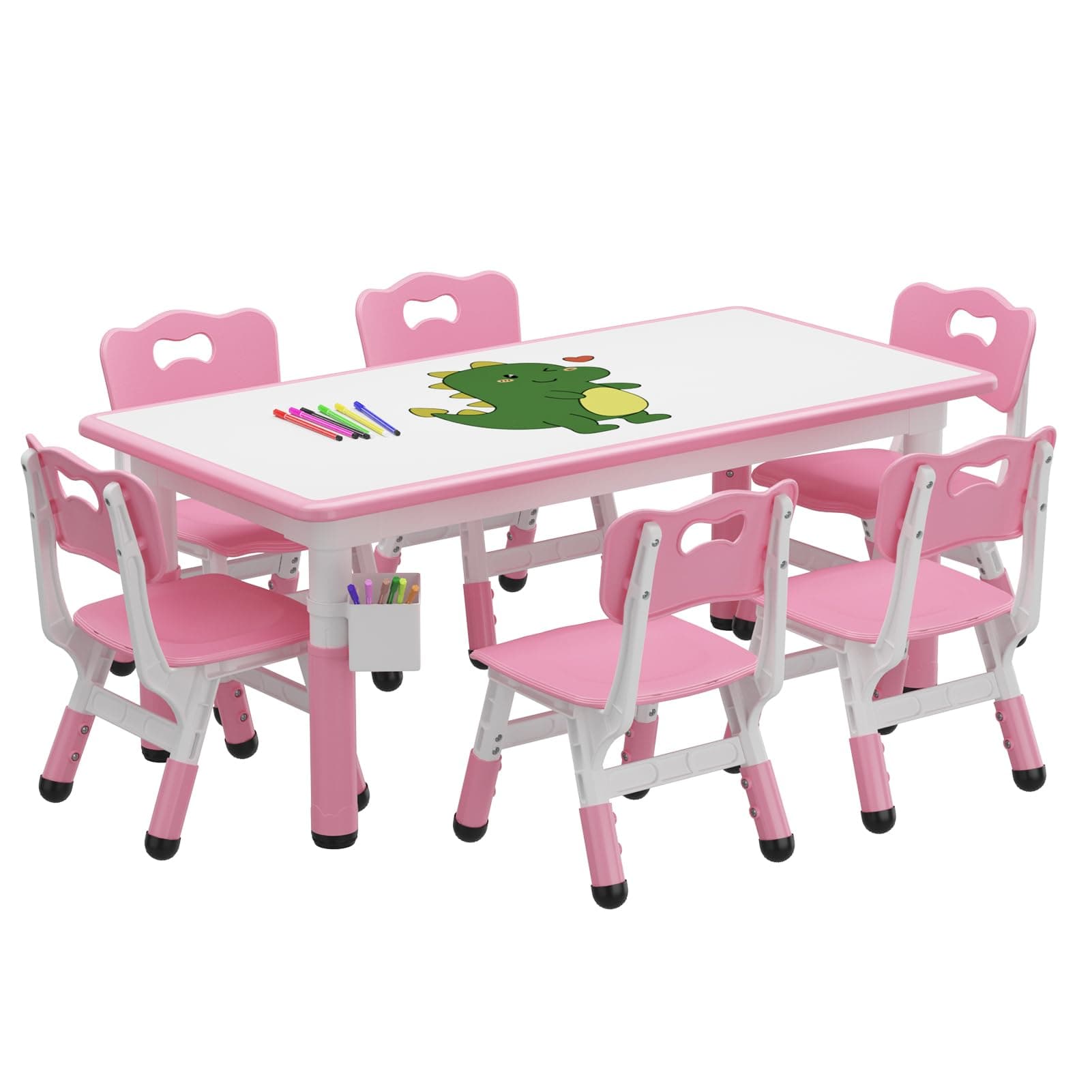 Kids Table and 6 Chair Set with Storage Box, Height Adjustable Toddler Table and Chairs Set for Ages 2-10, Graffiti Desktop, Non-Slip Legs, for Daycare Classroom Home