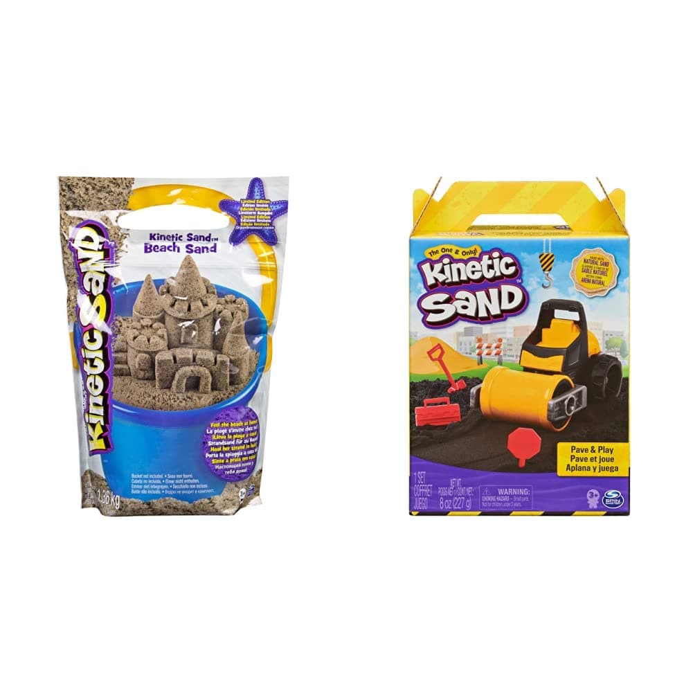 Kinetic Sand, 1.36kg Beach Sand for Squishing, Mixing and Moulding for Kids Aged 3 and Up, Amazon Exclusive &, Pave and Play Construction Set with Vehicle and 227g Black, for Kids Aged 3 and Up