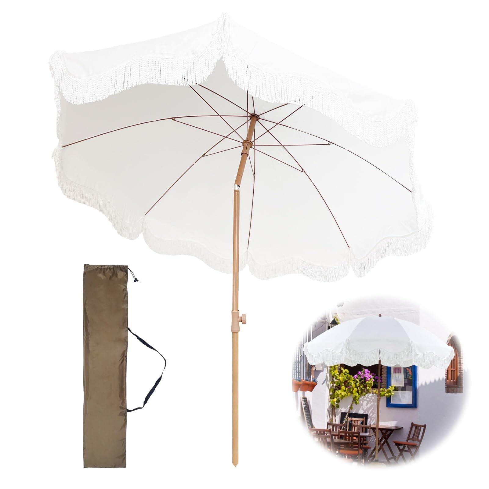 2m Garden Parasol With Tilt Boho Beach Umbrella With Fringe Outdoor Patio Umbrella UV50+ Protection Balcony Umbrella Waterproof Holiday Beach Parasol With Carry Bag Portable Parasol For Deck Pool