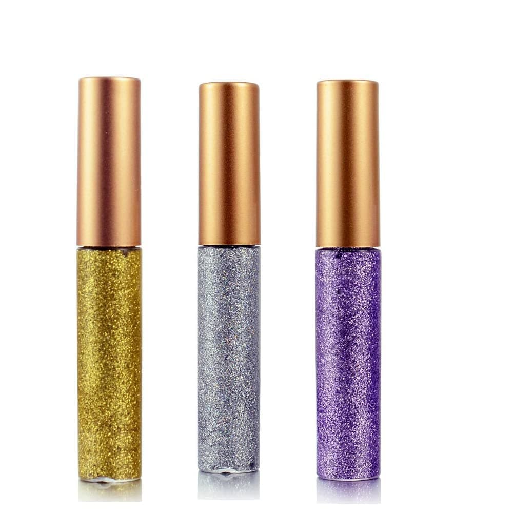 Eyeliner Glitter Liquid Eyeshadow 3 Color Metallic Glitter Sparkling Eyeliner Face Eye Cosmetic Glow Shimmer Makeup Glitter Eyeshadow Liquid Long Lasting Eye Shadow Gold,Silver and Purple