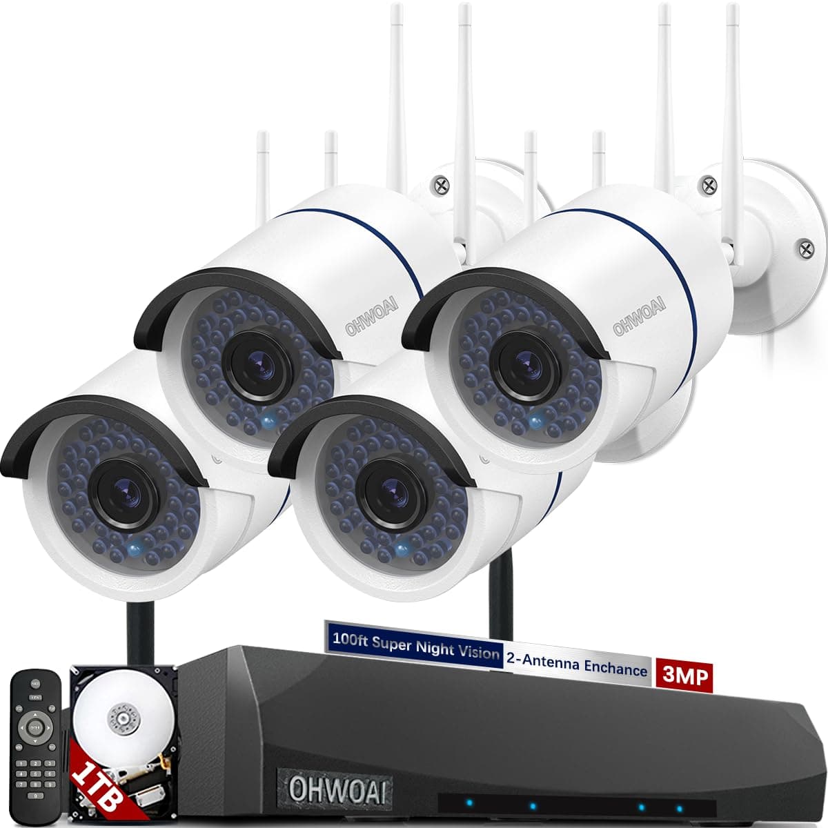 (2-Antenna Signal Enhance & 100 ft Super Night Vision) Outdoor Wireless Security 3.0MP IP Camera System, WiFi Surveillance Video 5MP 8-Channel NVR, 4pcs