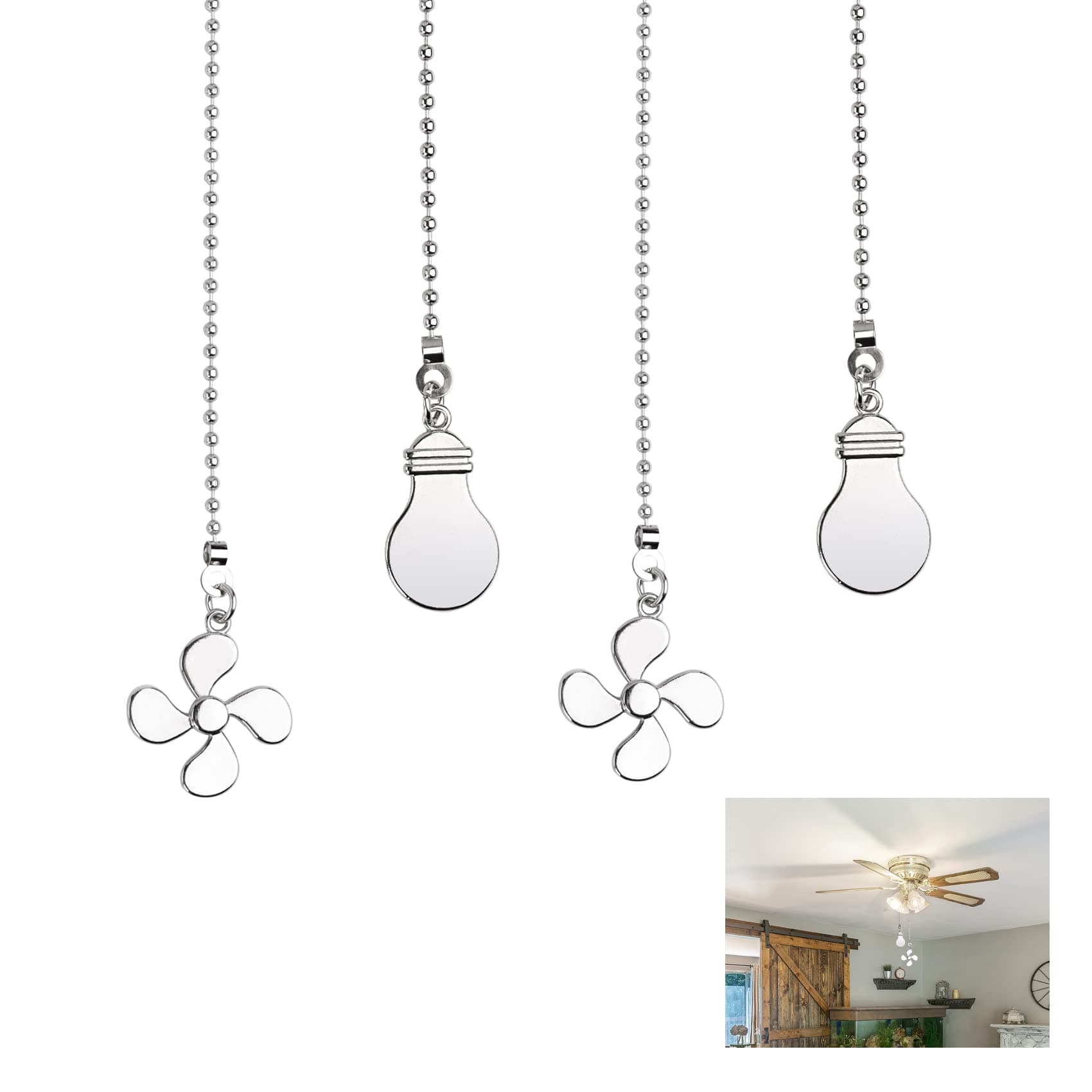 4PCS Ceiling Fan Pull Chain Extender, 14" Ceiling Fan Chain Extra Long with 4 Leaf Light Bulb, Fans Chains Extensions with Ball Chain-connector, Lighting Beaded Ball Chains Pendant Decoration(Silver)