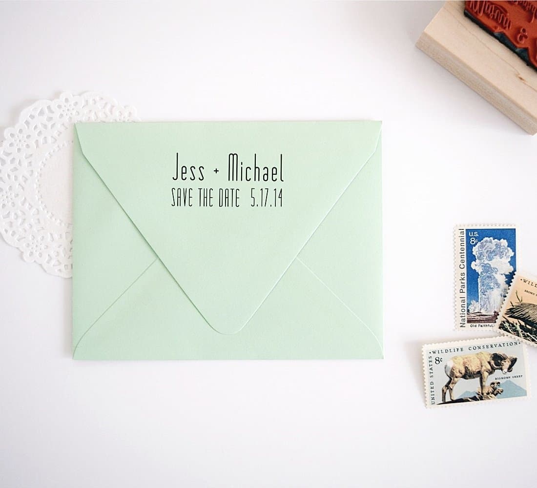 Modern Minimalist Wedding Save the Date Stamp with Delicate Handwritten Names & Date, by Once Upon Press