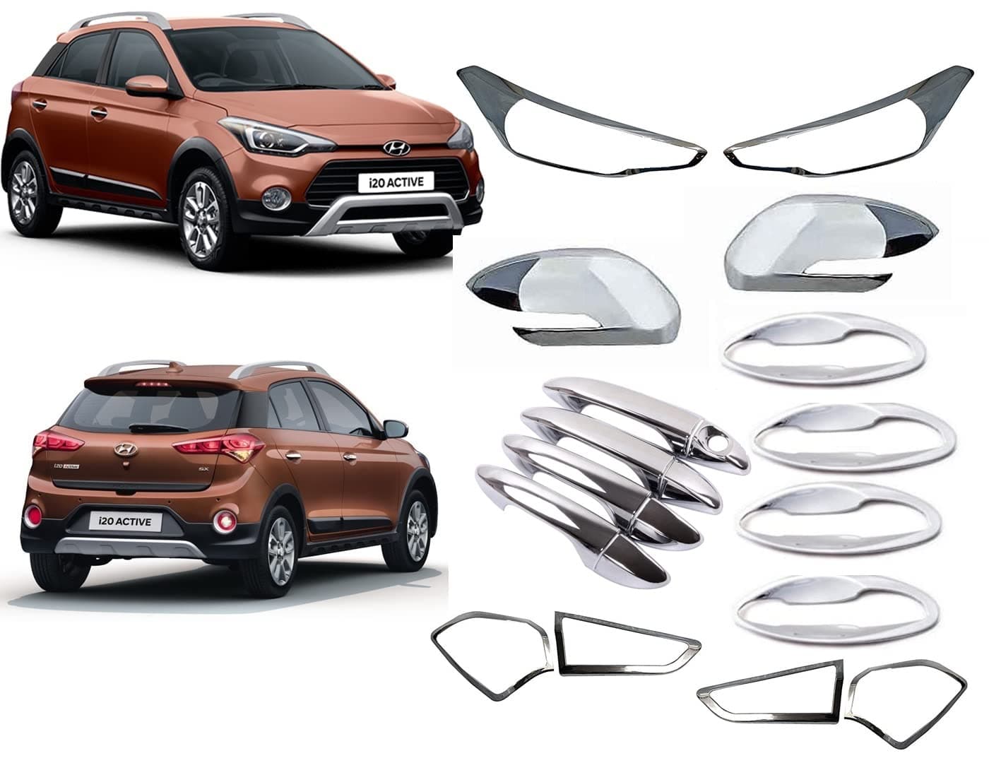 CAR SAAZ Exterior Chrome Accessories Combo Kit Compatible with I20 Active (2014-2020) Set of 16Pcs