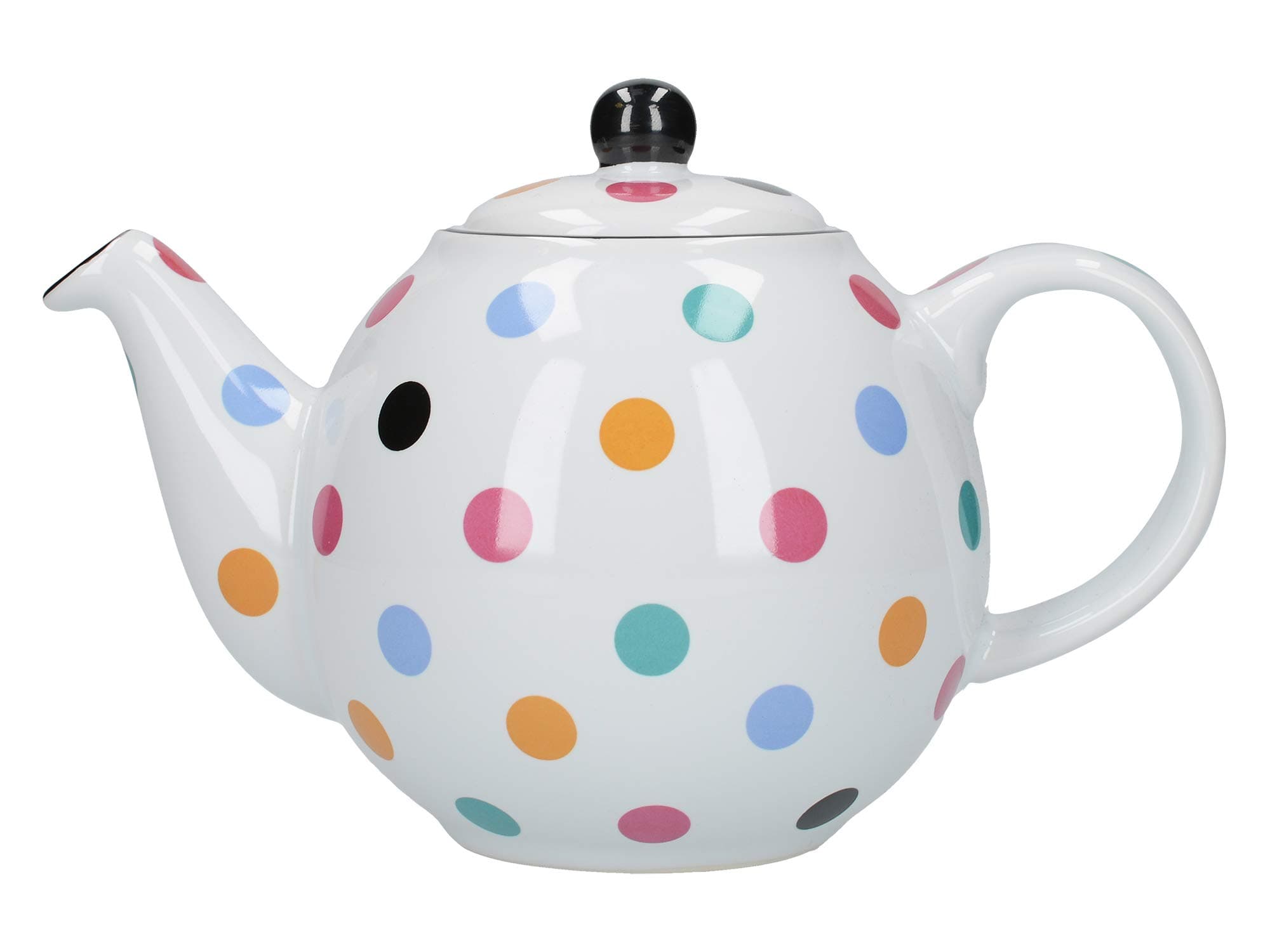 London PotteryGlobe Polka Dot Teapot with Strainer, Ceramic, White/Multi Spot, 6 Cup (1.2 Litre)