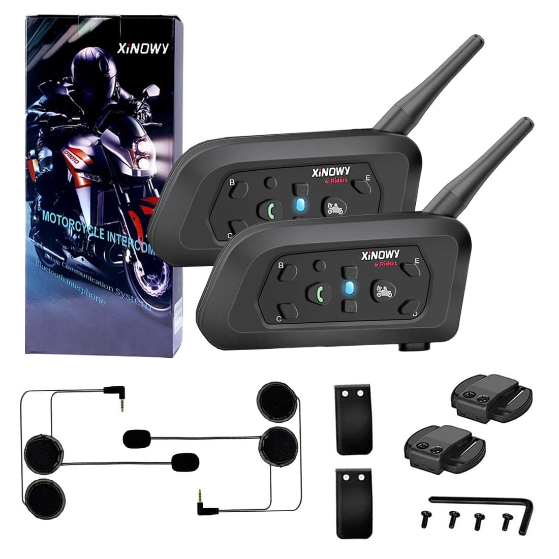 V6 Motorcycle Helmet Intercom Wireless Bluetooth Motorcycle Intercom Headset, 1200m 6 Riders, for Climb Ski Long Journey Outdoor Sports (2 Pack)