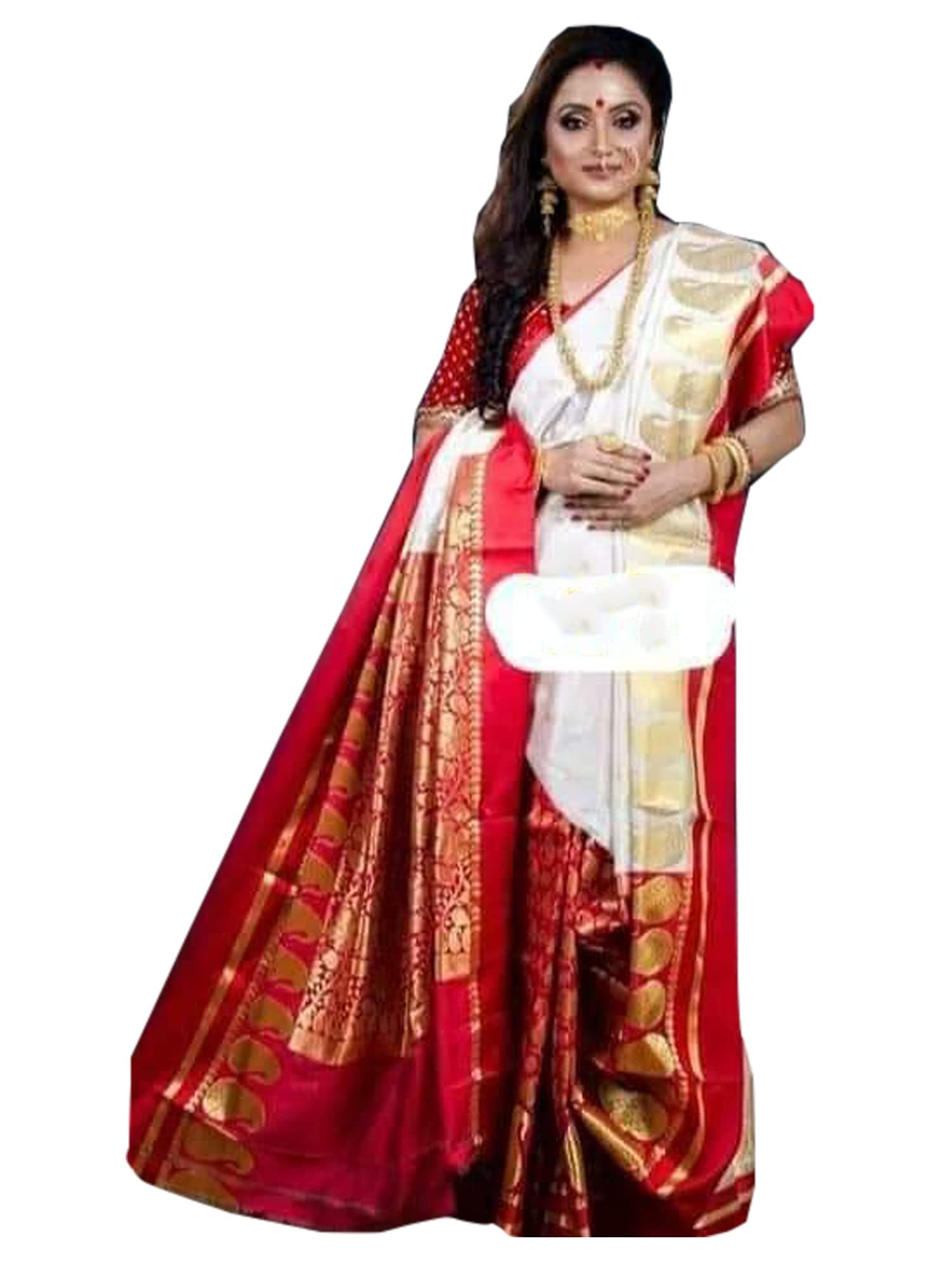 ETHNIC EMPORIUMIndian Bengal Traditional Red & Cream Zari Pallu Durga Puja Sindoor Khela Garad Silk Saree Sari Blouse 954b, 1, 6.3 mtrs lenght with Blouse Piece