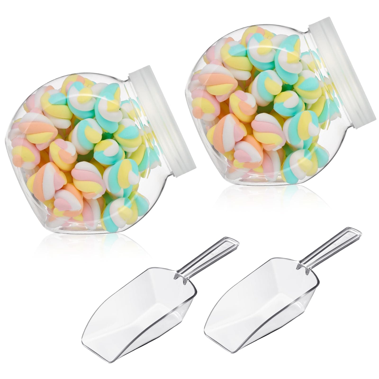 Umigy 2 Sets Plastic Candy Jar with Mini Plastic Scoop 42 oz Clear Cookie Jars with Lids Candys Container Airtight Storage Organization for Candy Buffet Wedding Home Kitchen Counter