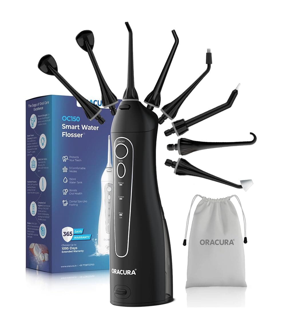 - ORACURA OC150 Dental PRO Smart Water Flosser Black, 150ml water tank capacity, Portable & Rechargeable, 3 Modes & 8 Adjustable Water Pressure Settings, 365 Days Warranty