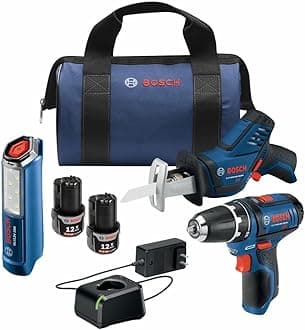 BOSCH GXL12V-310B22 12V Max 3 Tool Power Tool Combo Kit - Compact Cordless Drill Driver, Pocket Reciprocating Saw, and LED Worklight Set (Includes: 2 Batteries, Charger & Bag)