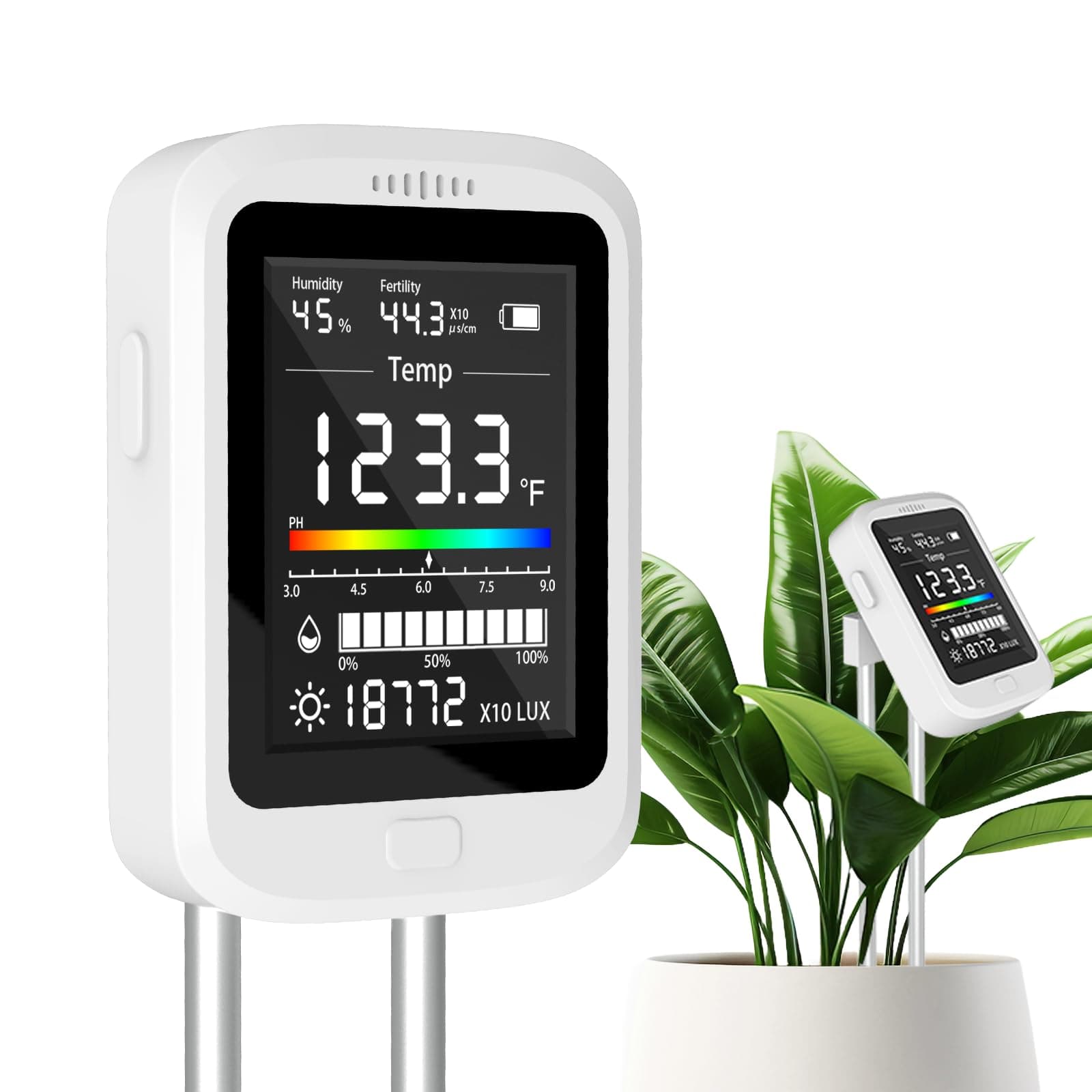 TERRU6-in-1 Soil Test Kit, Rechargeable Digital pH Meter/Temperature/Sunlight/Fertility/Environmental and Soil Moisture Meter with LCD Display for Indoor/Outdoor Plants