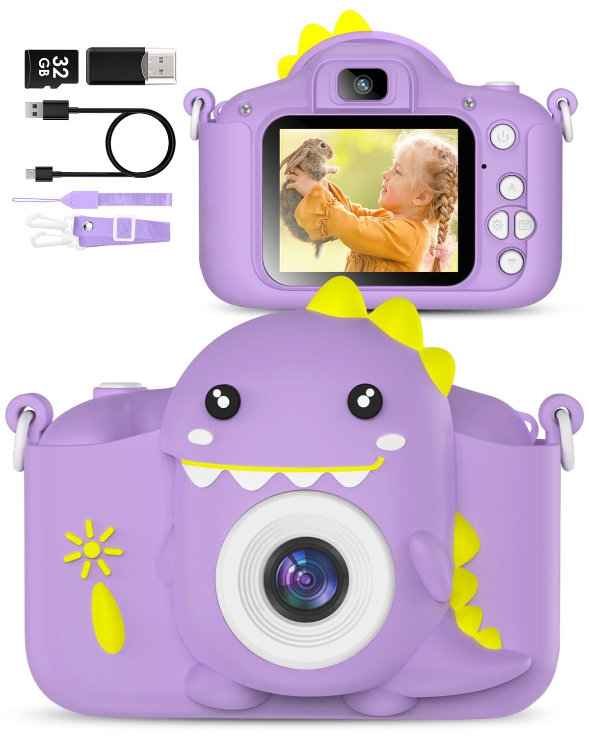 Hangrui Dinosaur Kids Camera Toys, Birthday Graduation Gifts for Girls Boys 3-12, 1080P HD Selfie Digital Video Camera for Toddlers,Travel Gifts Dino Toys for 4 5 6 7 8 9 Years Old(Purple)