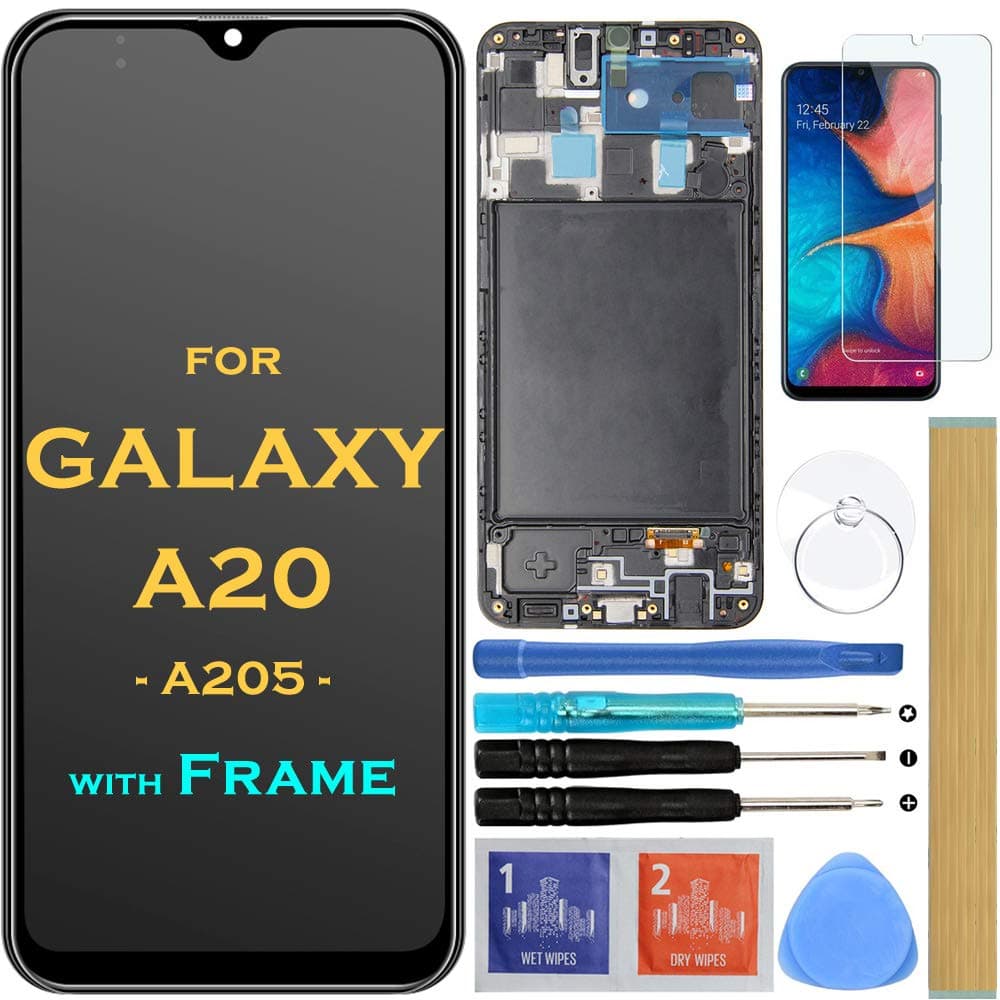 Screen Replacement LCD Display Touch Digitizer Assembly with Frame for Samsung Galaxy A20 A205 SM-A205F/DS A205FN A205GN/DS A205YN A205G/DS SM-A205W 6.4" (Black with Frame)