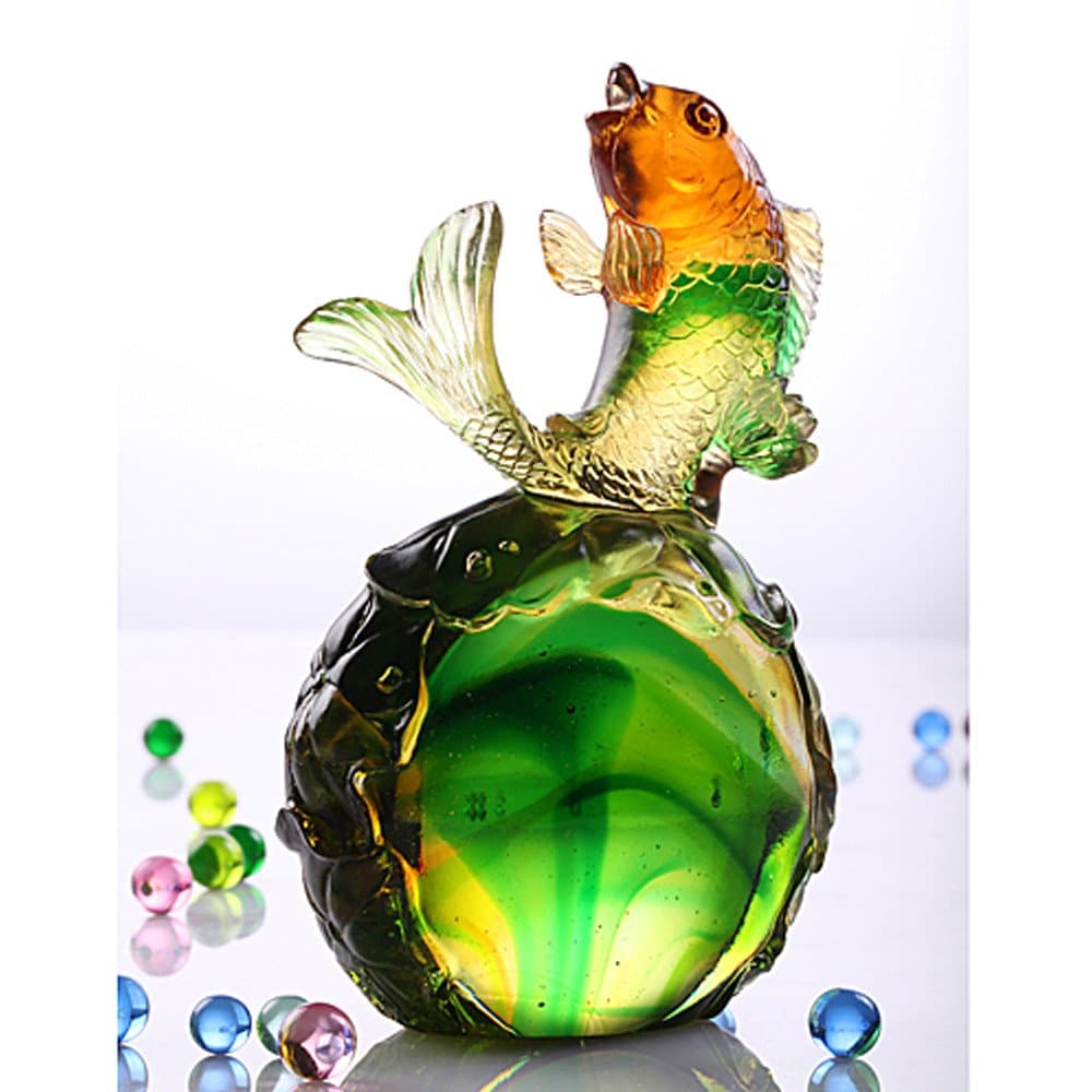 LIULI Crystal Art® Fish Home Decor Paperweight Decoration for Fortune Wealth Success Prosperity [ Somersault to The Top ]
