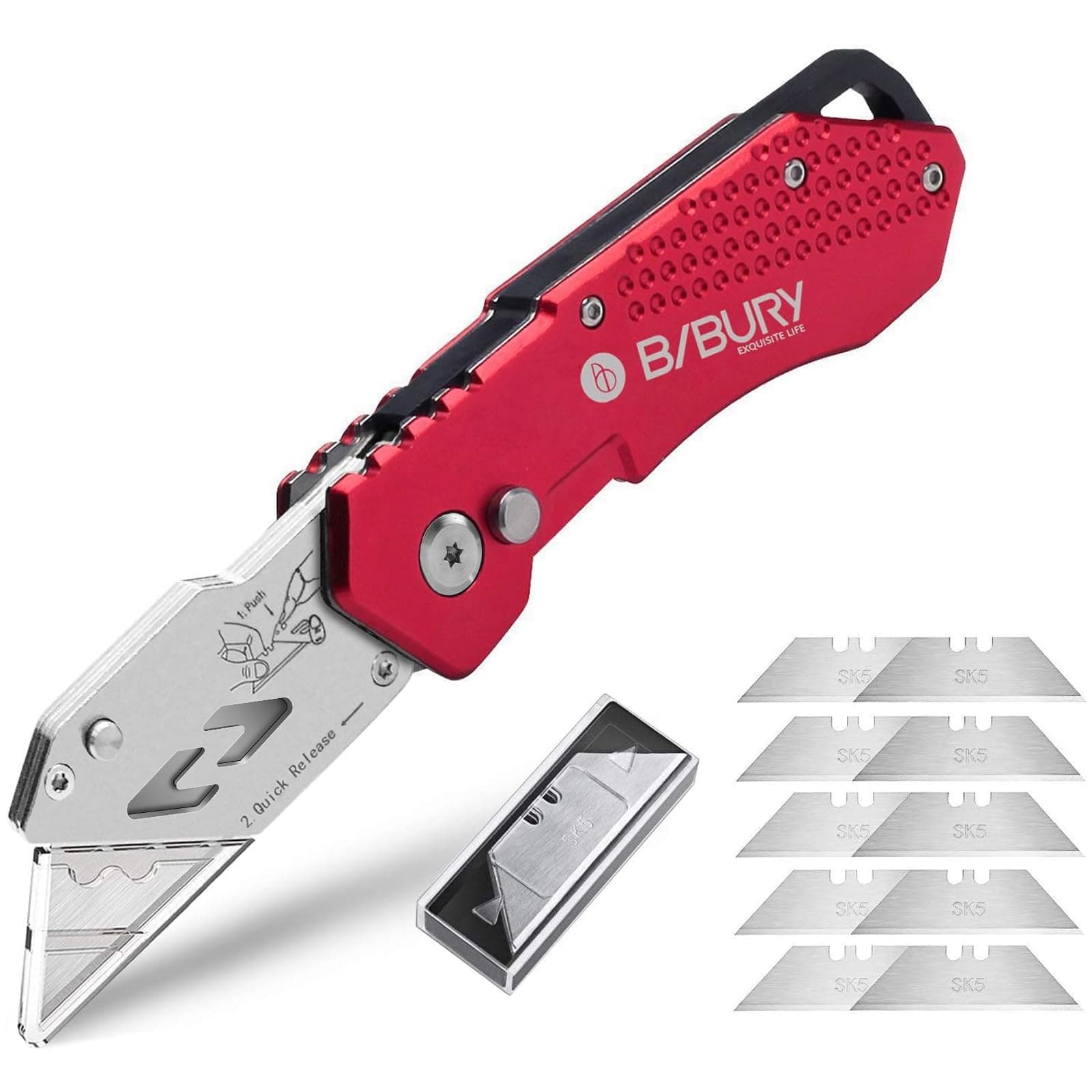 Utility Knife, BIBURY Upgraded Version Heavy Duty Box Cutter, Pocket Carpet knife with 10 Replaceable SK5 Stainless Steel Blades, Belt Clip, Easy Release Button, Quick Change and Safety Lock-Red