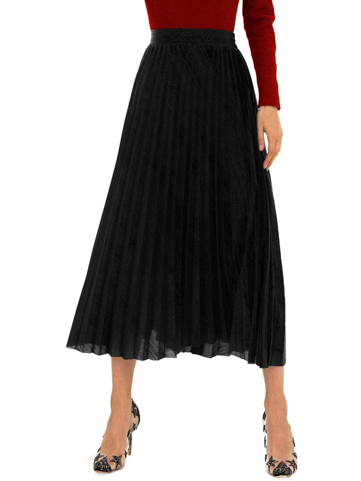 Amormio Women's Glittery Gold/Silver High-Waist Metallic Accordion Pleated Formal Party Maxi Skirt (Shiny-Black, Medium)