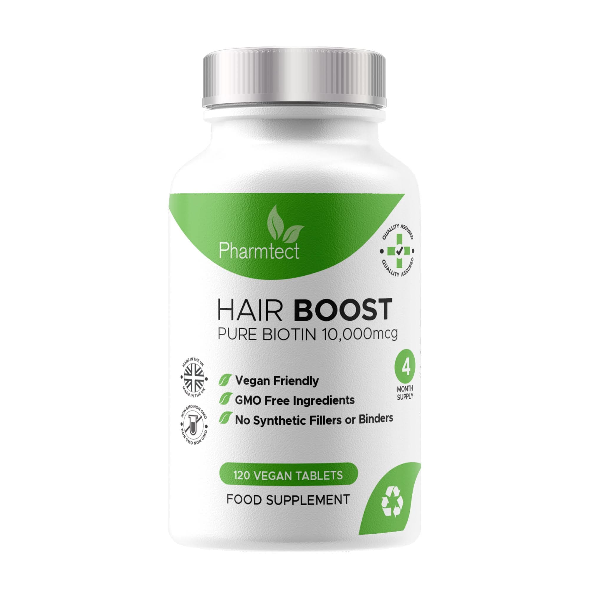 Biotin Hair Growth Supplement 10,000mcg - Enriched with Pure Biotin Hair Vitamins - Maintenance of Normal Hair - 120 Vegan Tablets UK Made by Pharmtect