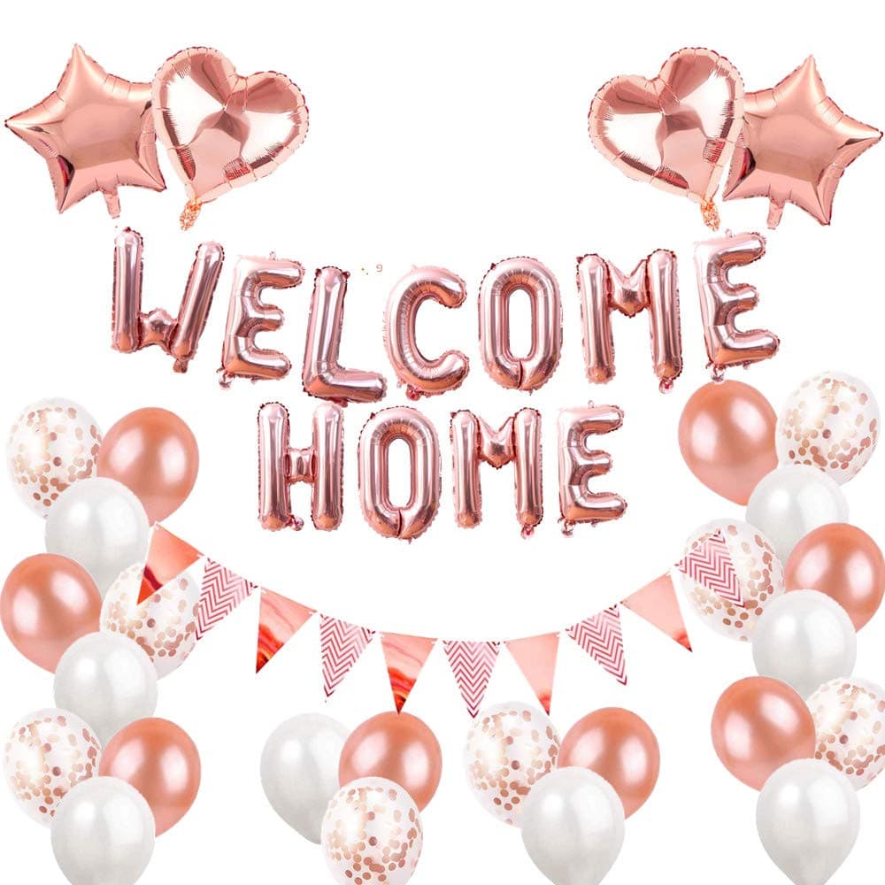 Mannli Welcome Home, Letter Balloon Banner Bunting Triangular Bunting Happy New Home with Heart and Star Sequin Balloons for Home Family Party Decorations