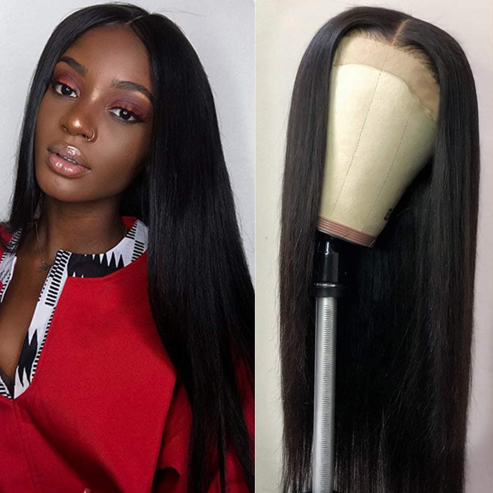 Muokass4x4 HD Lace Closure Wigs Human Hair 180% Density Straight Brazilian Virgin Hair Lace Front Wigs Human Hair Wigs For Black Women Human Hair Glueless Wigs Human Hair Pre Plucked With Elastic Bands Natural Color 14 Inch
