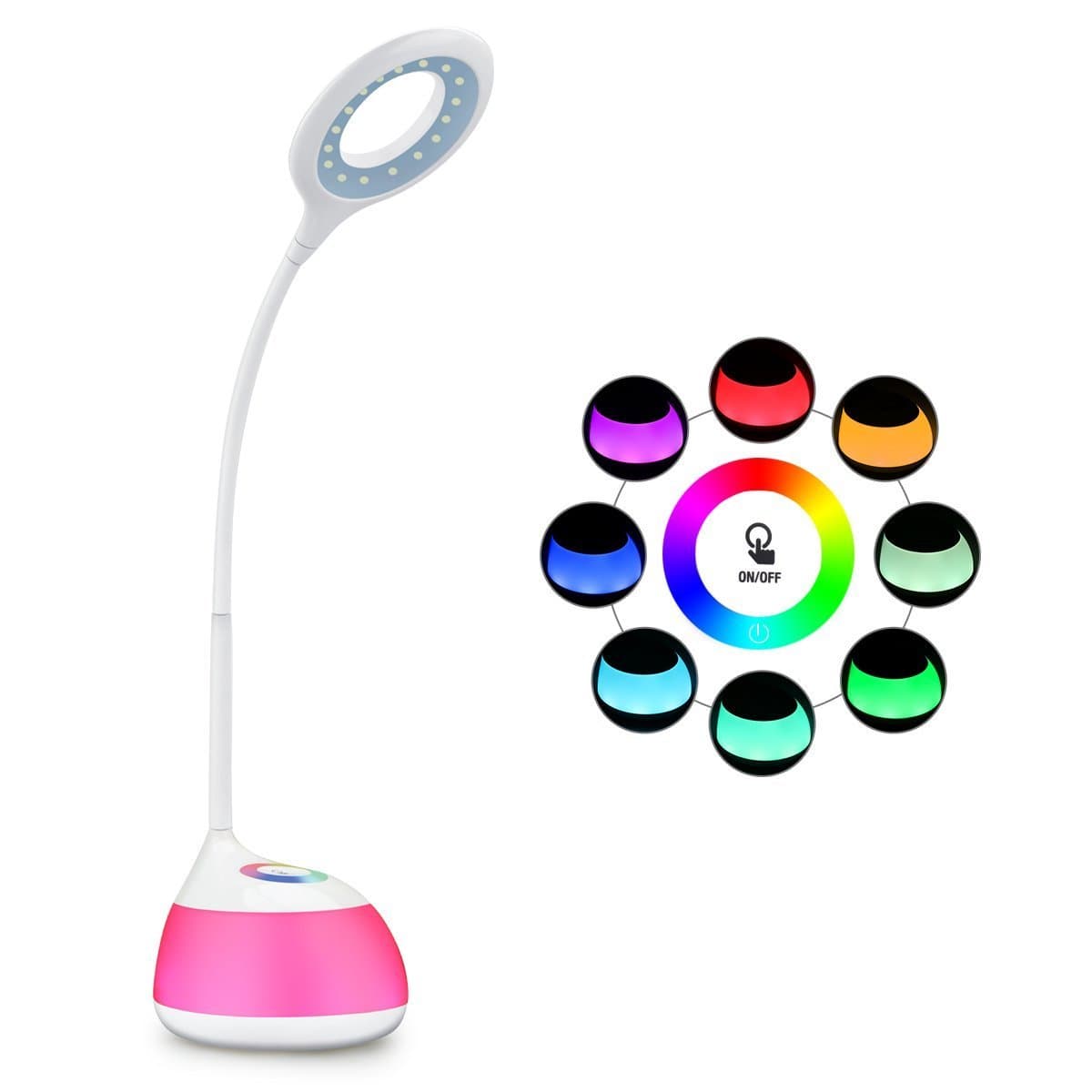 Adjustable USB Rechargeable 3 Level Dimmable LED Desk Table Lamp Light with Living Color Changeable Base Touch Switch Portable and Flexible Bedside Reading Study Office Kids Student Lamp,White