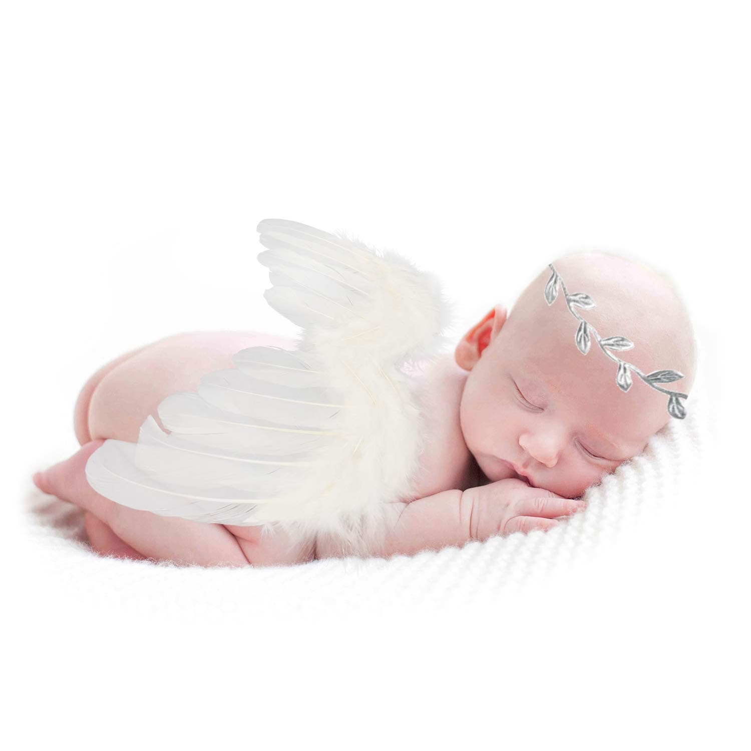 Newborn Baby Boys Girls Angel Feather Wing with Gold Silver Red Pink White Flower Leaves Headband Set Infant Photo Props Outfit Costume