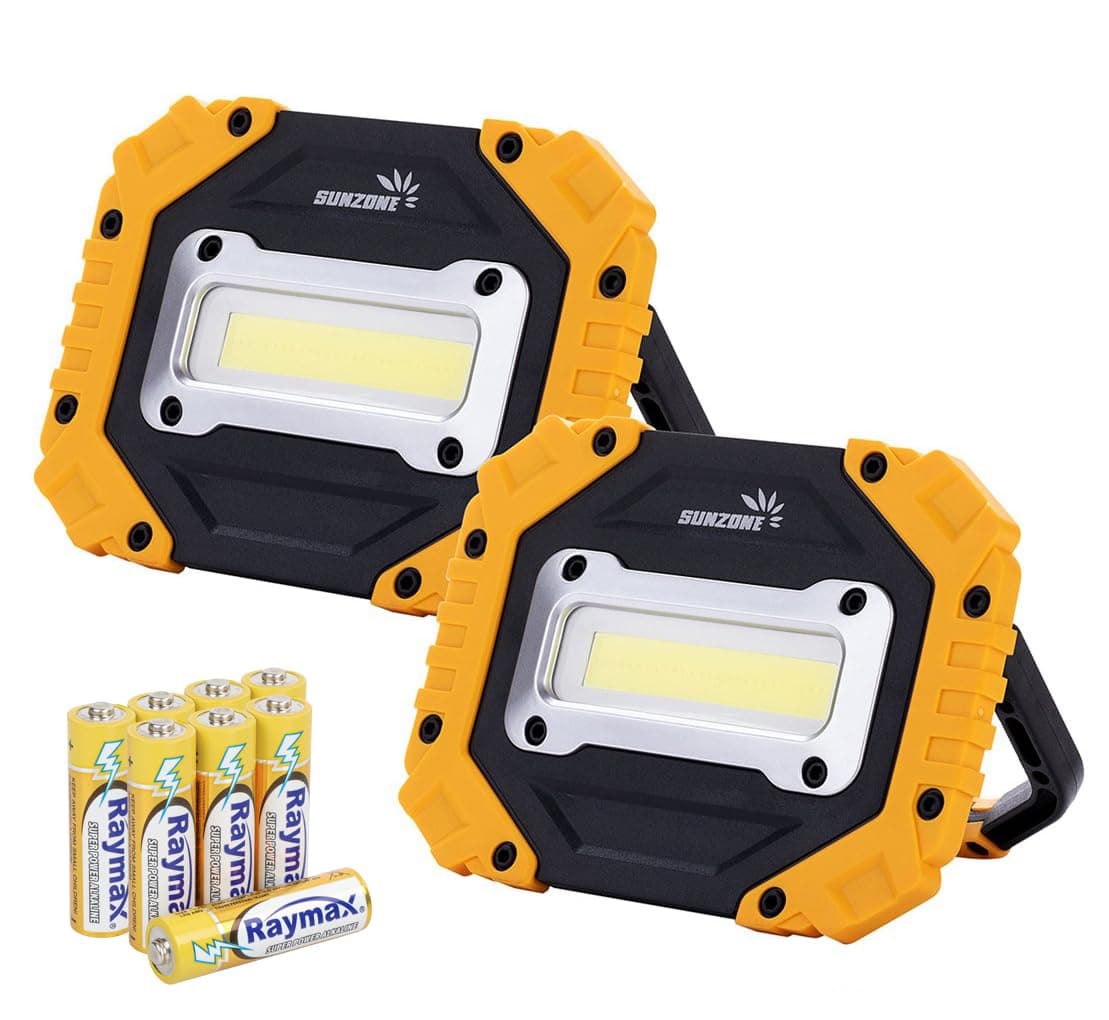 Sunzone Portable LED Work Light,AA Battery Powered Flood Lights,Super Bright Workshop Job Site Lighting for Camping, Hiking, Fishing, Car Repair with Emergency SOS Mode (2 Pack)