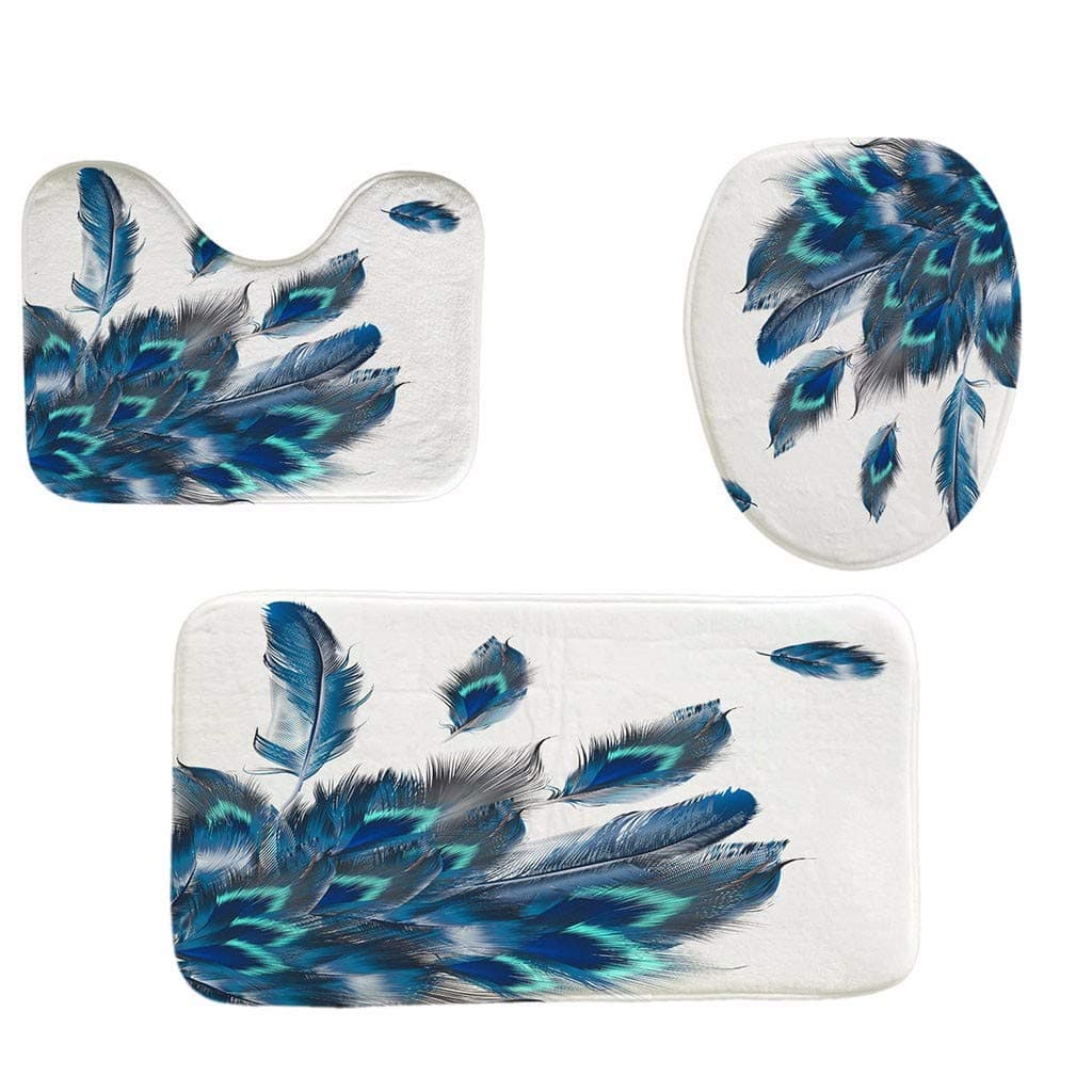 Toilet mats Set Fiaya 3Pcs Sea Sunset Leaves Floral Multicolor Polyester Bathroom Set Rug Contour Mat+Toilet Lid Cover +Plan Solid Color Bath Mats (3PCS, Peacock Feather B06)