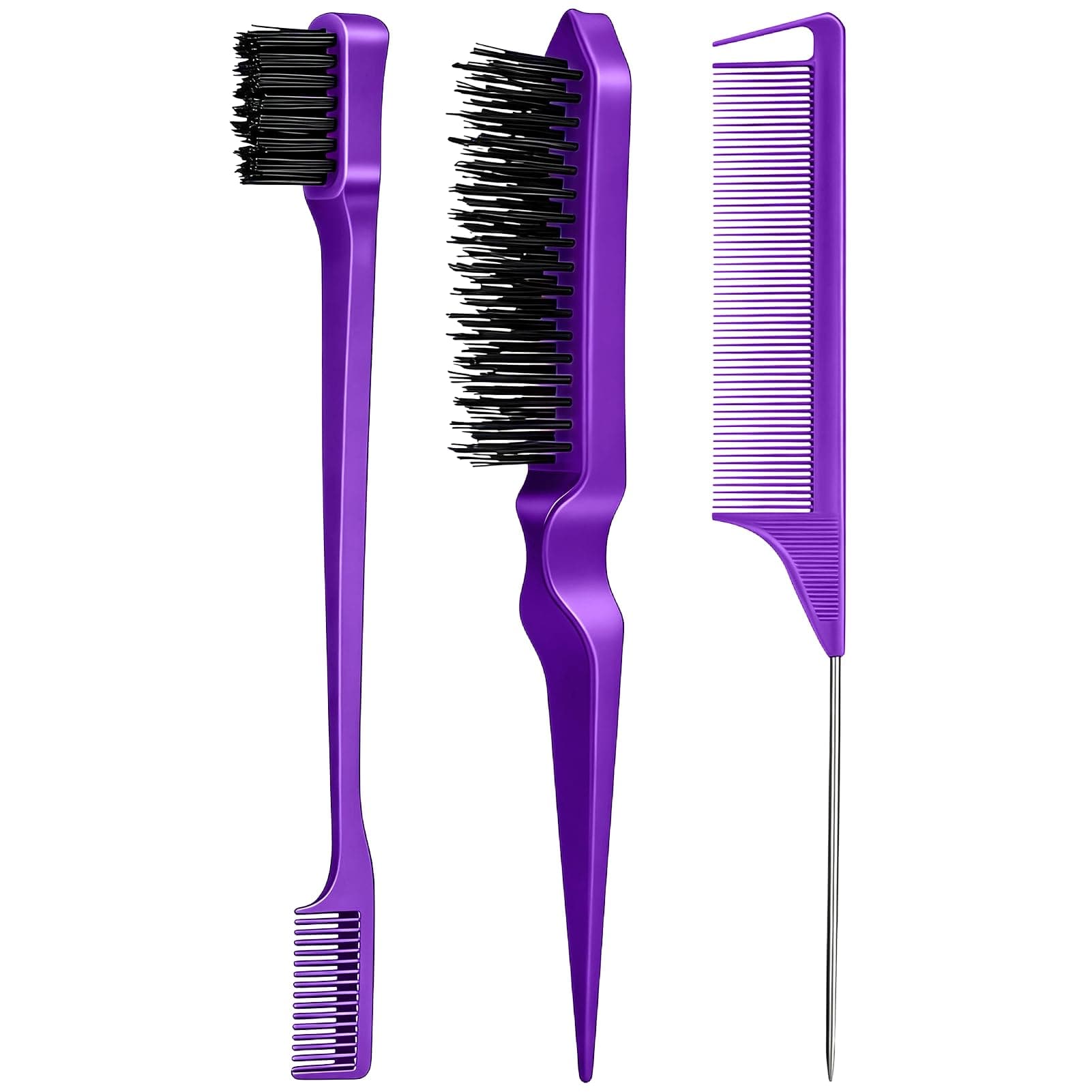 3 Pieces Hair Styling Comb Set Teasing Brush Rat Tail Comb Edge Brush for Edge&Back Brushing, Combing, Slicking Hair for Women (Purple)